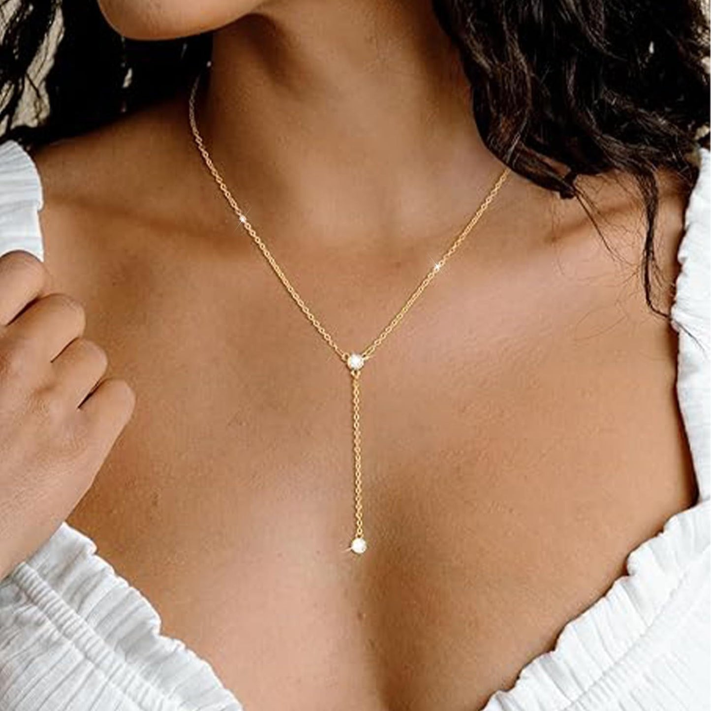 Zeffy Long Gold Necklace for Women- Dainty 14K Gold Plated Teardrop Drop Lariat Necklace Trendy Simple CZ Y-Shaped Body Chain Stack Wedding Prom Dangle Statement Necklace Jewelry Gifts