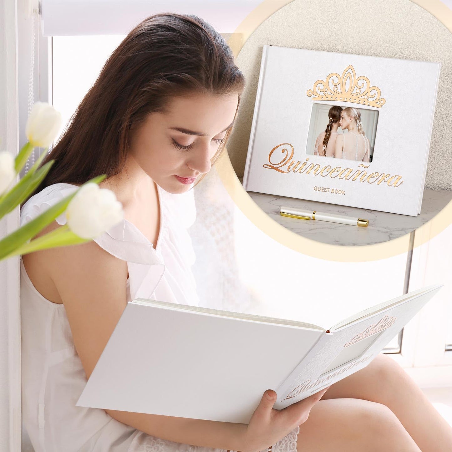MotiMind Quinceanera Guest Book with Pen 11 x 8 Inch Libro De Firmas Para 15 Anos Quinceanera Leather Hardcover Signature Book Guest Sign in for 15th Party Favors Decoration(White Rose Gold,Crown)