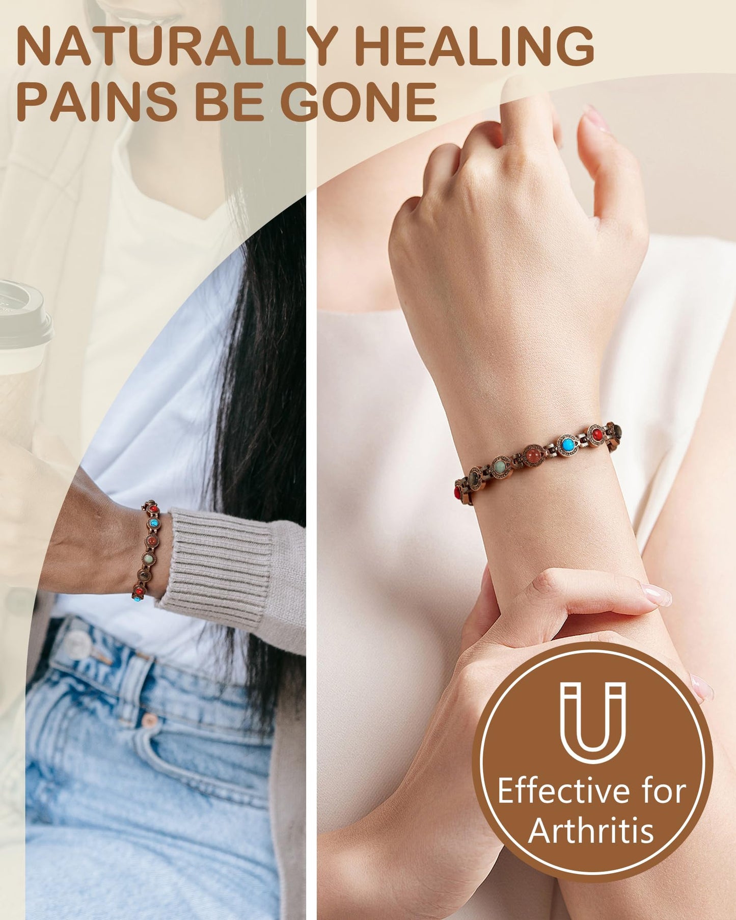 Feraco Pure Copper Bracelets for Women, Ultra Strength Magnetic Bracelet with 3800 Gauss Magnets & Natural Turquoise & Stones, Adjustable, Jewelry Gift (Circular)