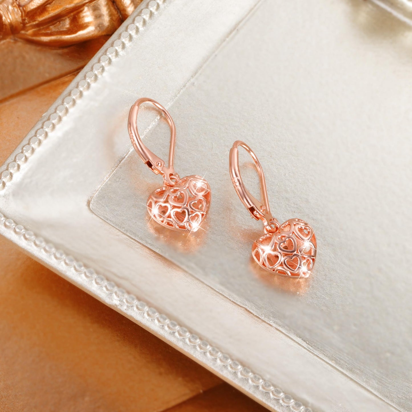 LANCHARMED 925 Sterling Silver Heart Dangle Drop Earrings for Women, Rose Gold Trendy French Style Silver Leverback Earrings Hypoallergenic Jewelry