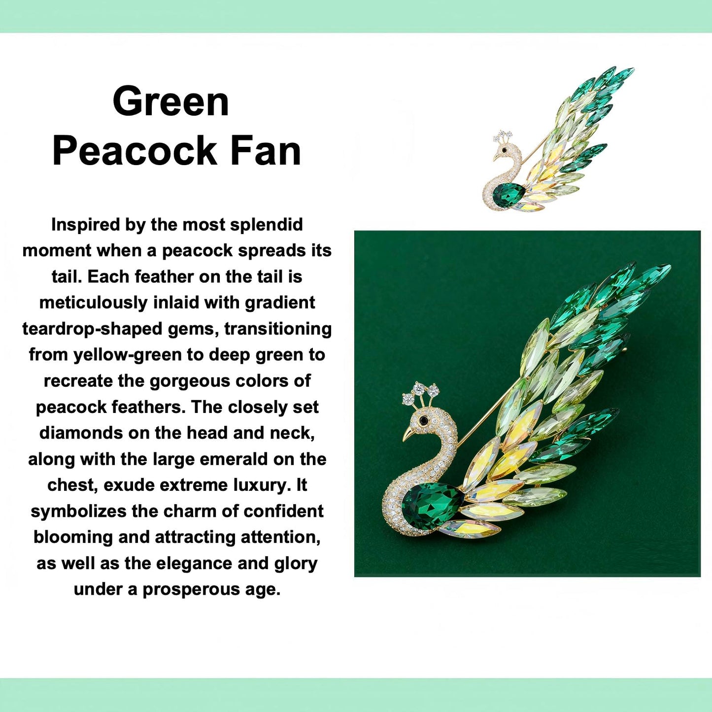Vbvbip Exquisite Green Peacock Rhinestone and Crystal Brooch, Vintage Style Lapel Pin for Wedding and Fashion Jewelry, Ideal Brooches and Pins for Women