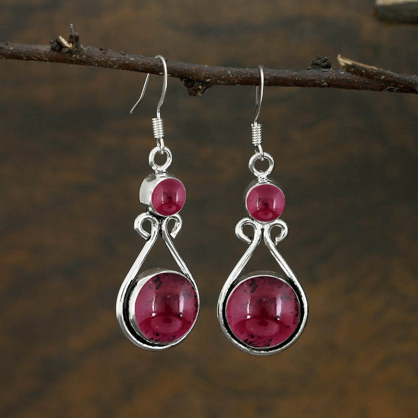 Natural Garnet Silver Plated Dangle Earrings for Women - Januray Birthstone Round Gemstones Drop Earrings Handmade Jewelry - Wedding Christmas Gift for Her