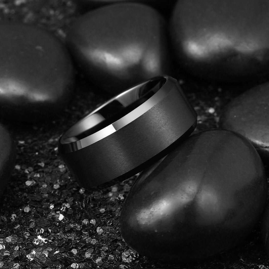 King Will 10mm Men's Black Wedding Ring - Brushed Matte Surface, Beveled Polished Edge, Comfort Fit Size 10