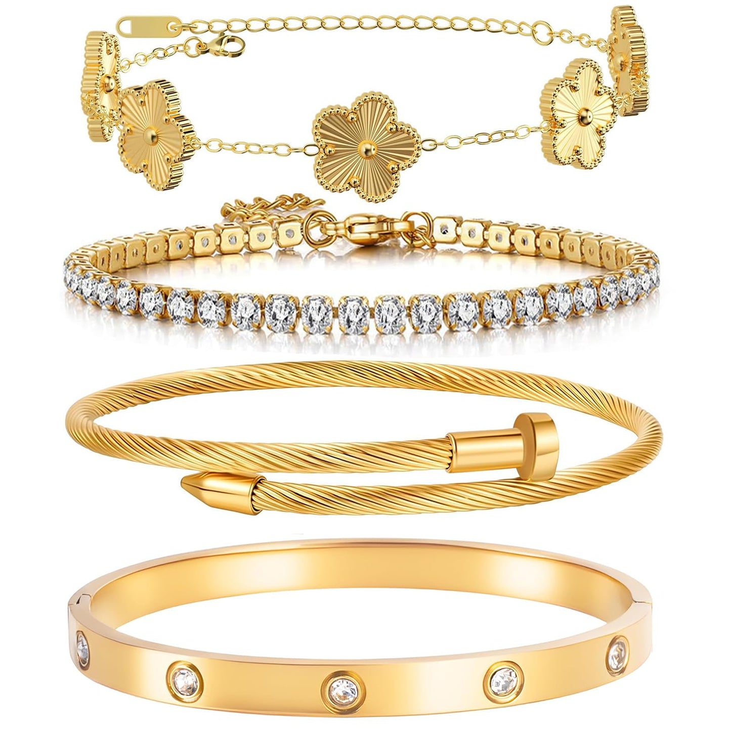 MEIERYA 18K Gold Plated Womens Stackable Floral Bracelets Set,Twisted Cable Bangle,Trendy Jewelry,Waterproof adjustable bracelet,Christmas Birthday Gifts for Girlfriend or Mother. (06-Color-gold)