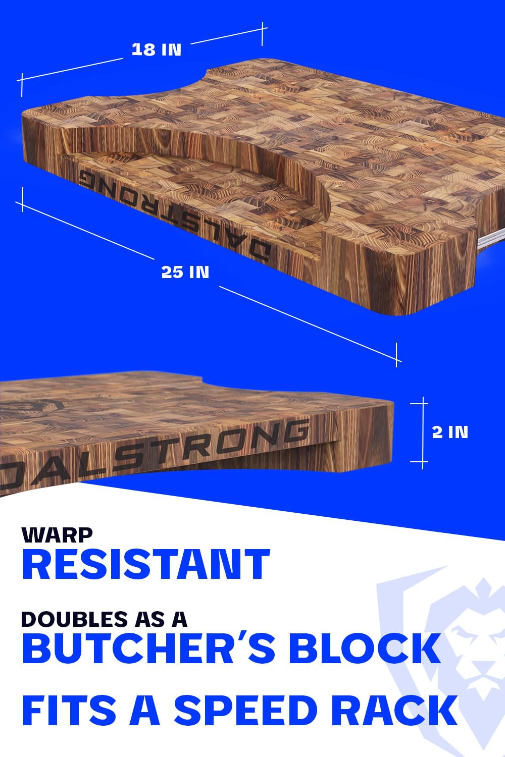 Dalstrong Massive XL Cutting Board - Lionswood End-Grain Teak - 25" x 18"-Steel Carrying Handles -Serving Board - Large Cutting Boards For Kitchen- eat Cutting Board-Two Sizes