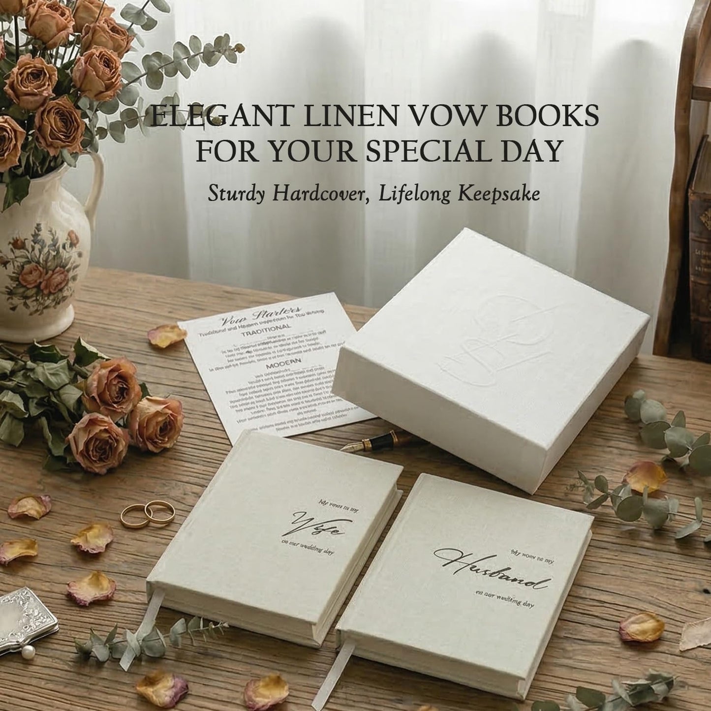 ADUN Stationery His and Hers Wedding Vow Books - Linen Hardcover, Gift Box & Ribbon Marker, 80 Pages Keepsake Journals for Bride & Groom, Perfect for Ceremony, Engagement & Bridal Shower Gifts [Ivory]