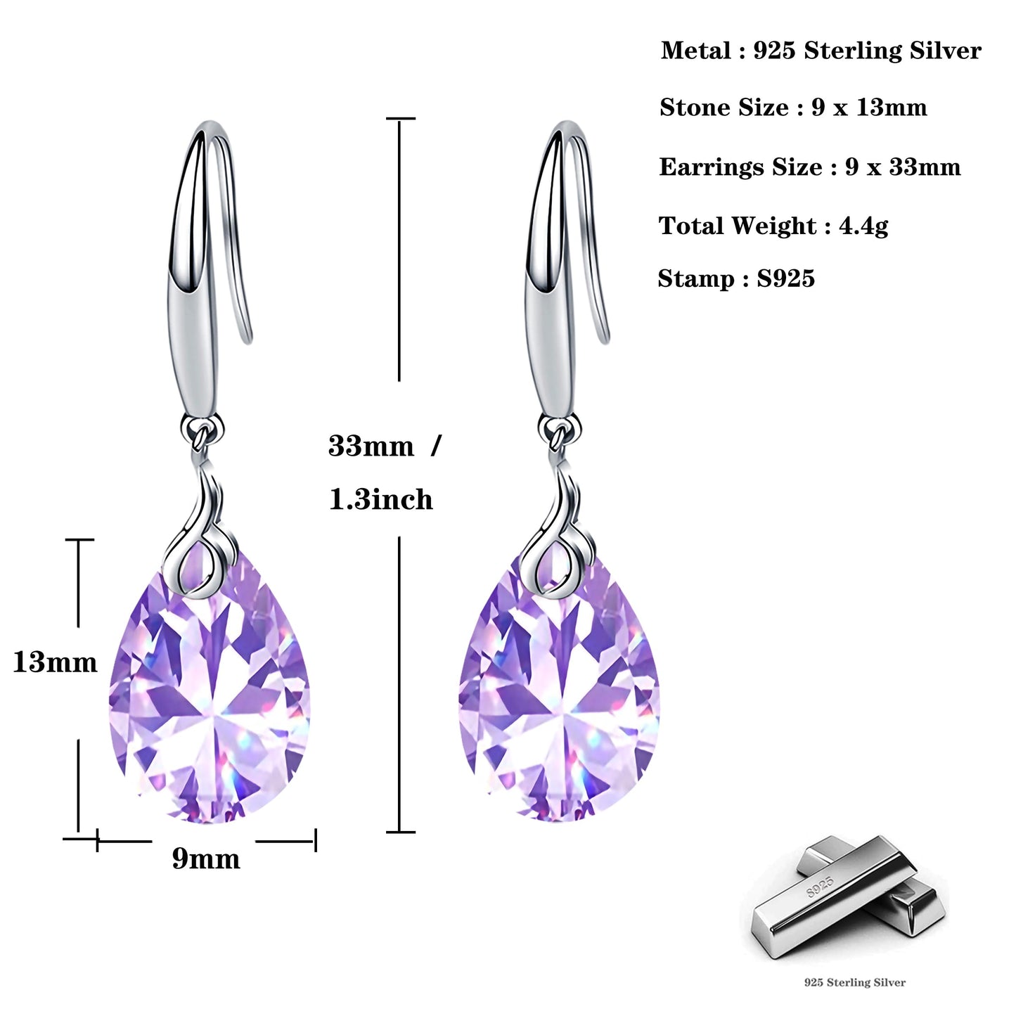 ML S925 Sterling Silver 12mm Naked Drill Crystal Earrings For Women (Earrings Lavender Color)