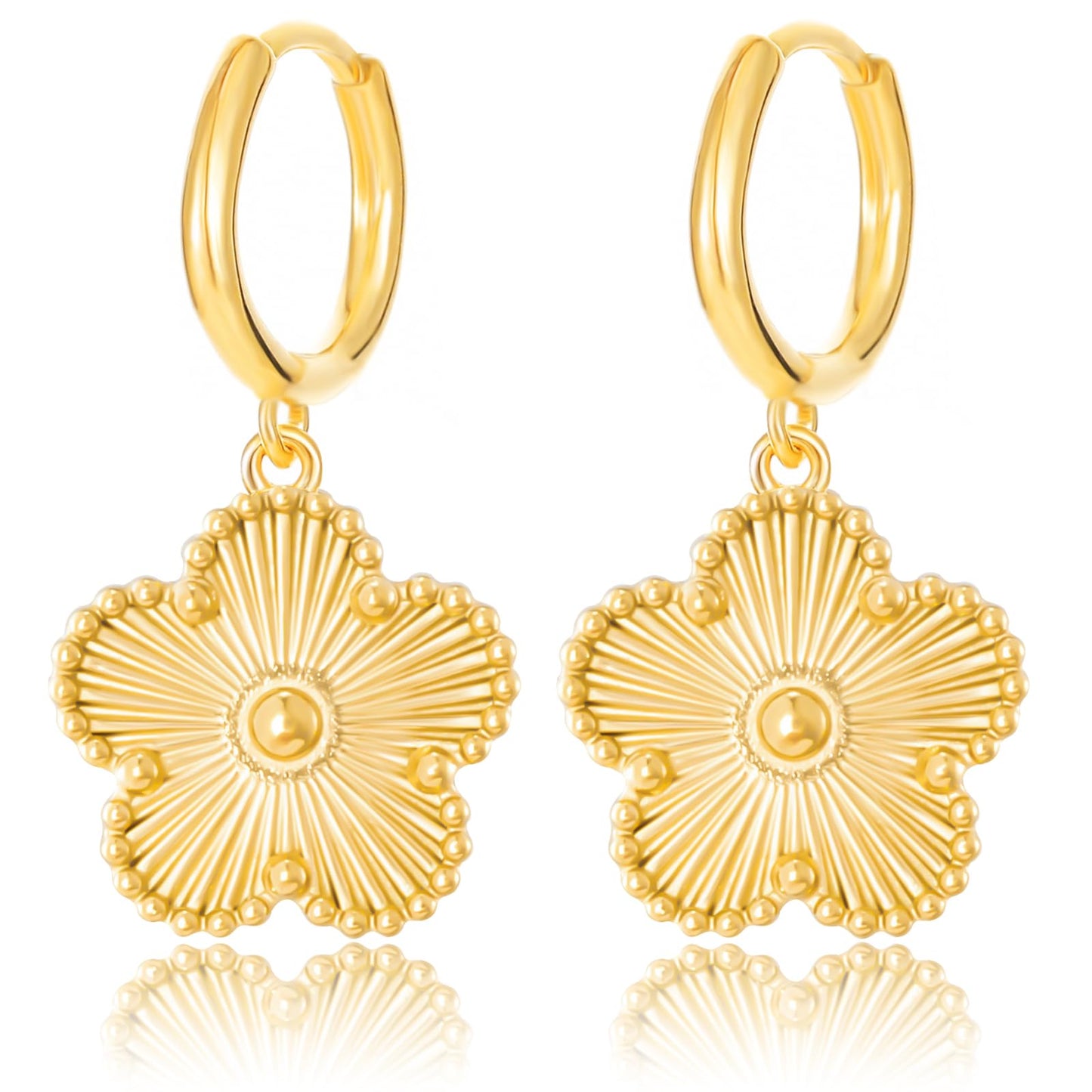Gold Plated Five Leaf Clover Dangle Earrings for Women Lucky Flower Jewelry (Gold-14K Gold Plated)
