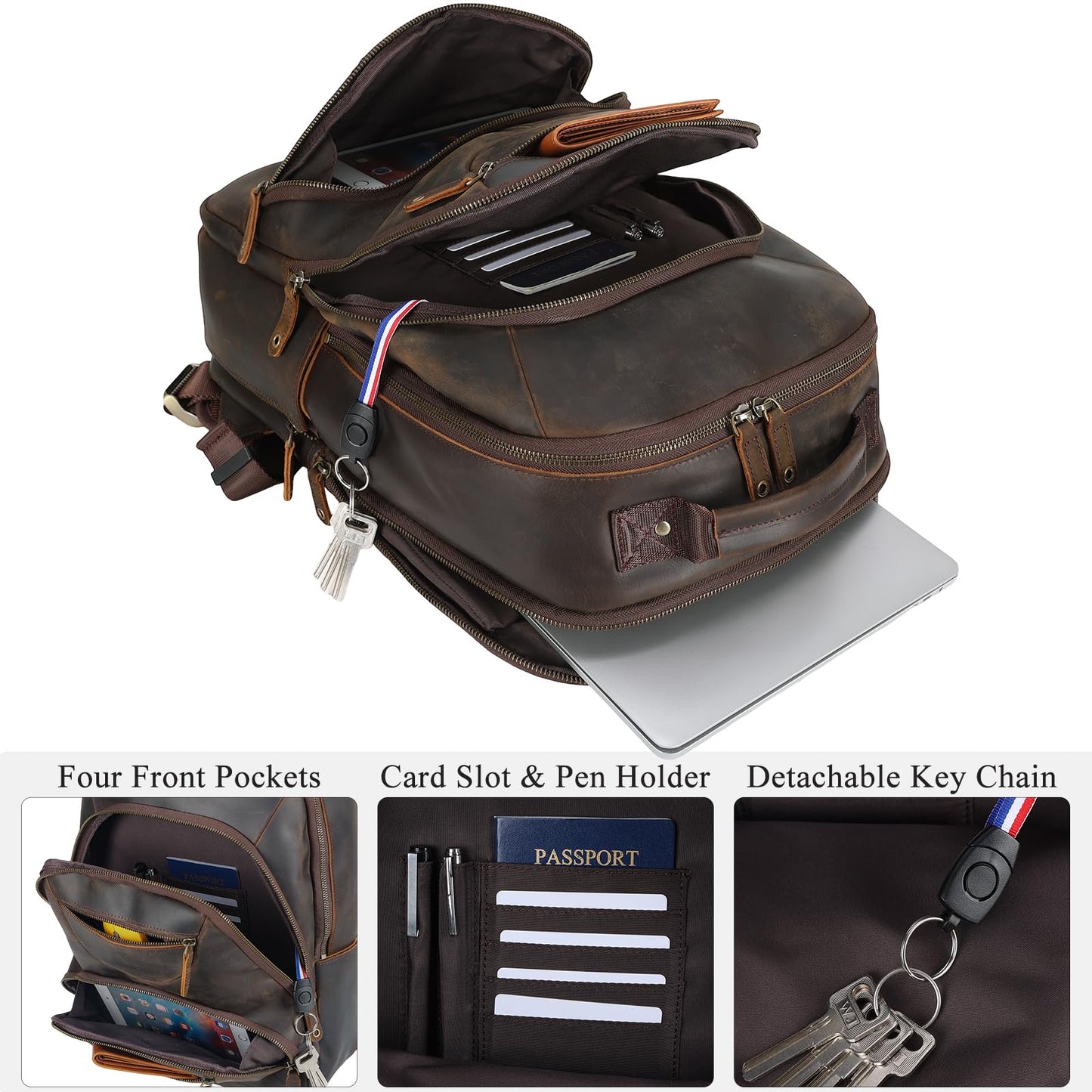 TIDING Leather Laptop Travel Backpack for Men Fits 15.6" 16" Computer, Large Business Work Bag Vintage Overnight Weekender Daypack Camping Rucksack