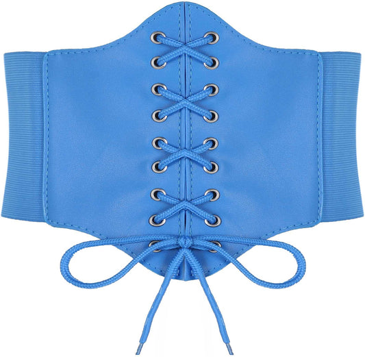 Hoerev Corsets Belt Tops Leather Vest Pirate Halloween Costume Lace Up Waist Belt Bustiers Corsets For Women, Blue, L