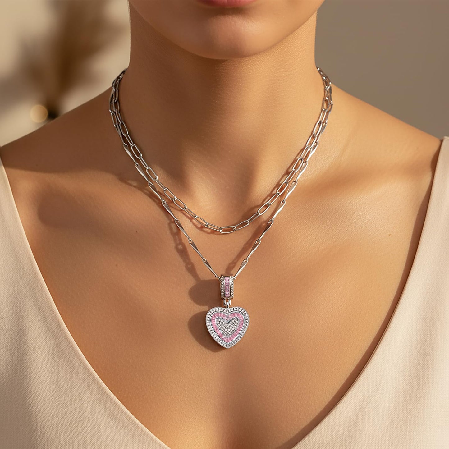 MEIITRUE Heart Necklaces for Women Trendy 14k White Gold Plated Dainty Layered Necklace Set Cubic Zirconia Love Pendant Choker Thin Paperclip Chain Stackable Jewelry Gift Pink