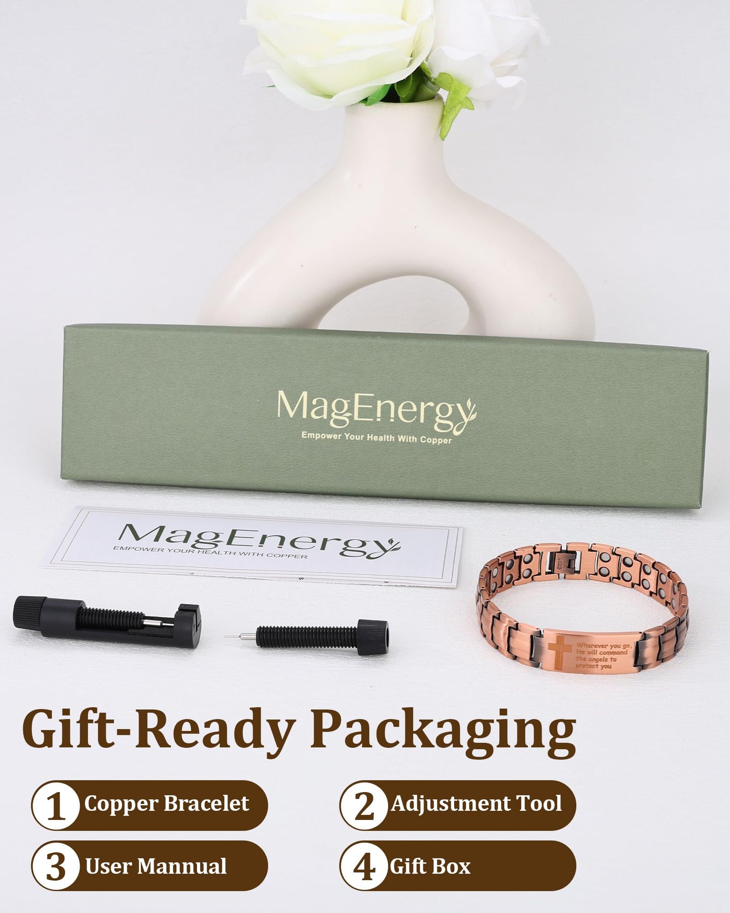 MagEnergy Copper Bracelet for Men, Christian Magnetic Bracelet with Ultra Strength Magnets, Adjustable Copper Biblical Cross Bracelet, Jewelry Gift(Sizing Tool)