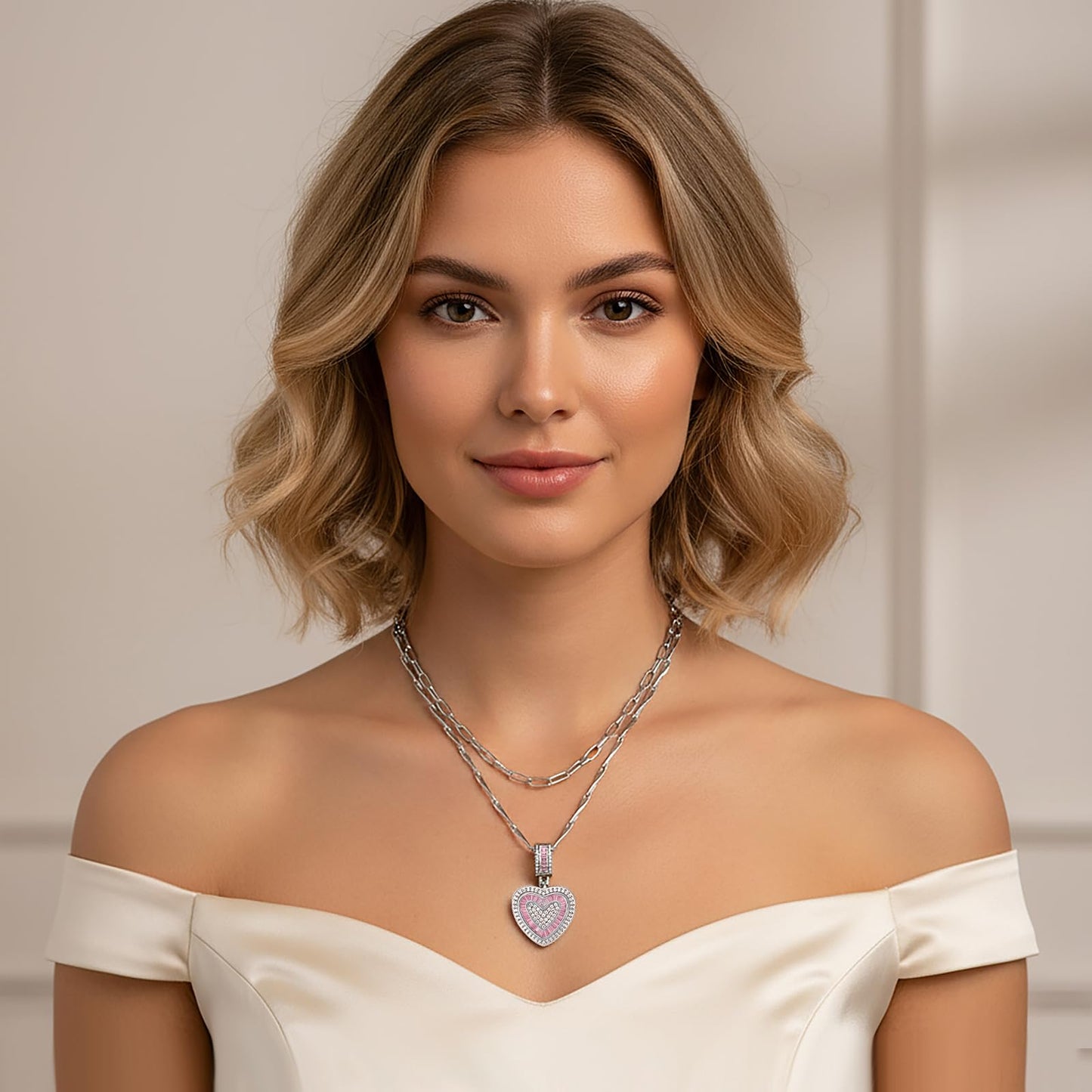 MEIITRUE Heart Necklaces for Women Trendy 14k White Gold Plated Dainty Layered Necklace Set Cubic Zirconia Love Pendant Choker Thin Paperclip Chain Stackable Jewelry Gift Pink