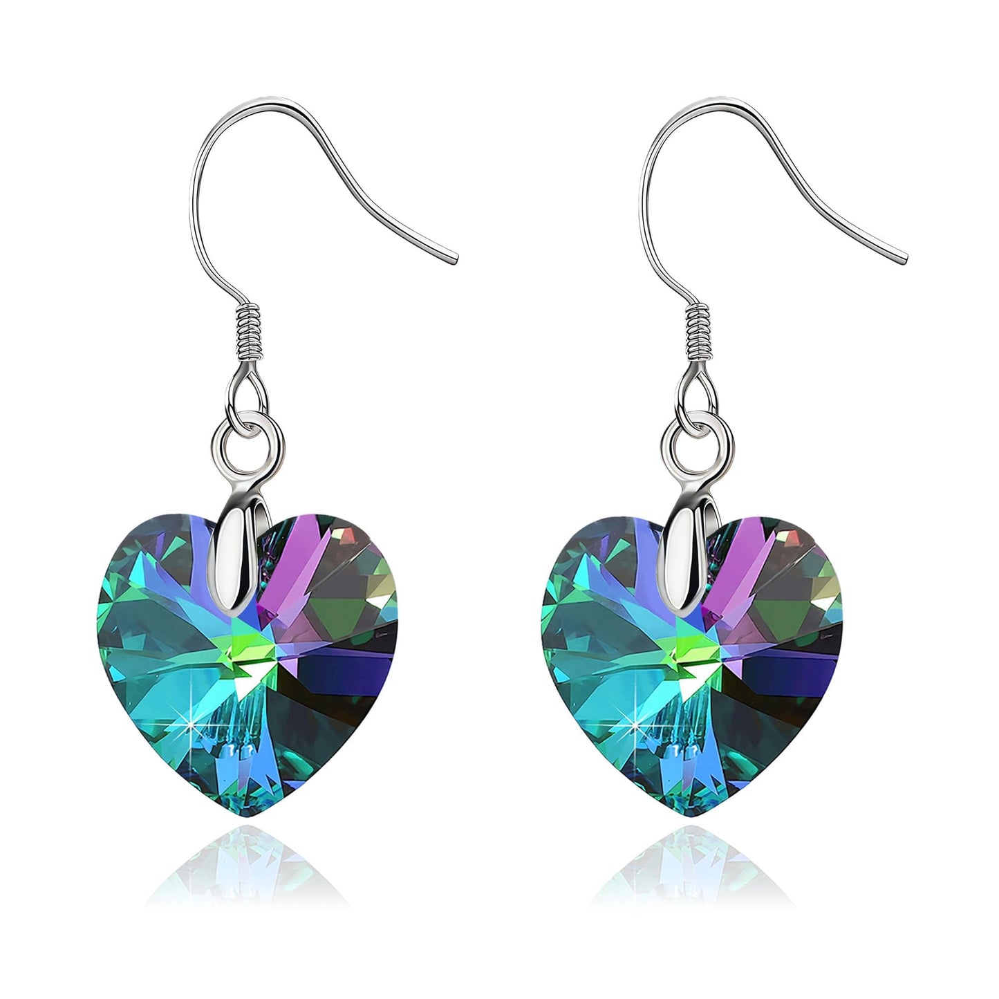 Austrian Crystal Heart Drop Dangle Earrings for Women 925 Sterling Silver Hook Hypoallergenic Earring (Rainbow)