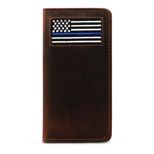 Thin Blue Line Firefighter Long Bifold Men's Wallet - Handcrafted Full Grain Leather Wallet w/ Needlepoint Art - Compact Men's Bifold Wallets w/ Multiple Card Slots for Birthday, Christmas, & More