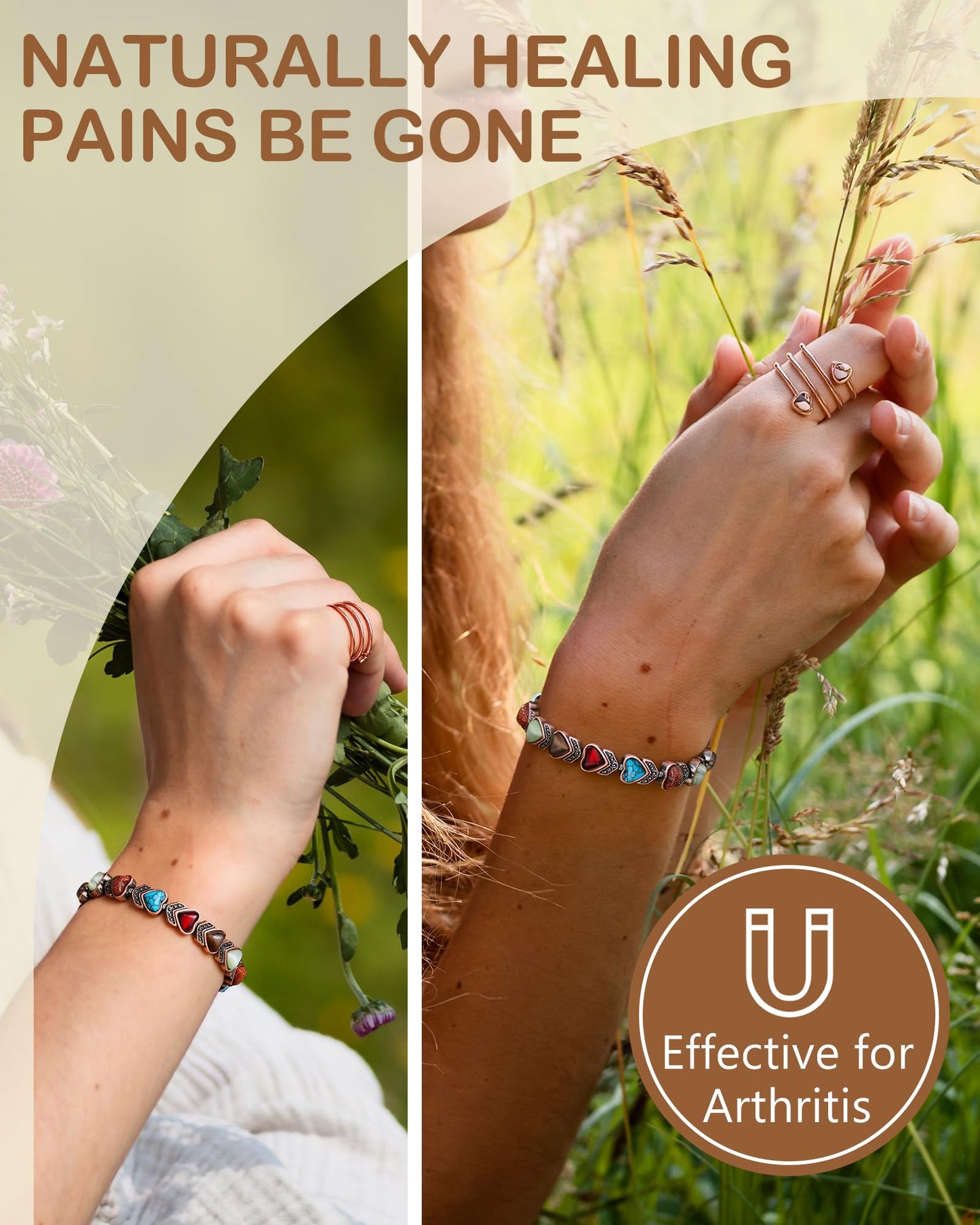 Feraco Pure Copper Bracelets & Rings for Women, Ultra Strength Magnetic Copper Bracelet with 3800 Gauss Magnets, Natural Turquoise & Stones, Adjustable Jewelry Gift (Heart Bloom)