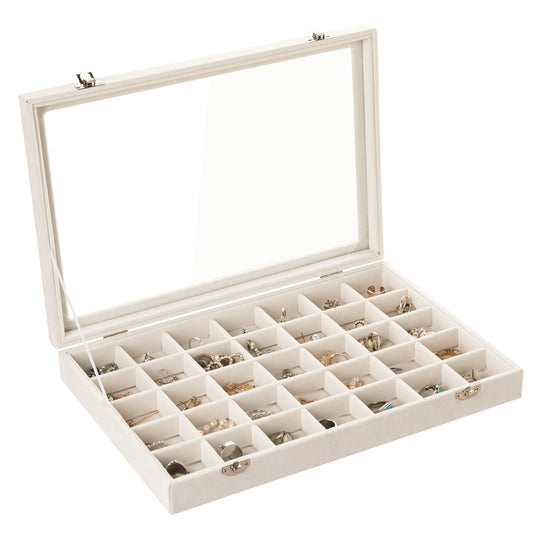 Frebeauty Velvet Jewelry Tray,35 Grid Jewelry Organizer with Clear Lid,Earring Holder Organizer Case with Clasp,Drawer Insert for Rings Studs,13.8 x 9.5 x 2 Inches,Gift for Women Girls(Beige)