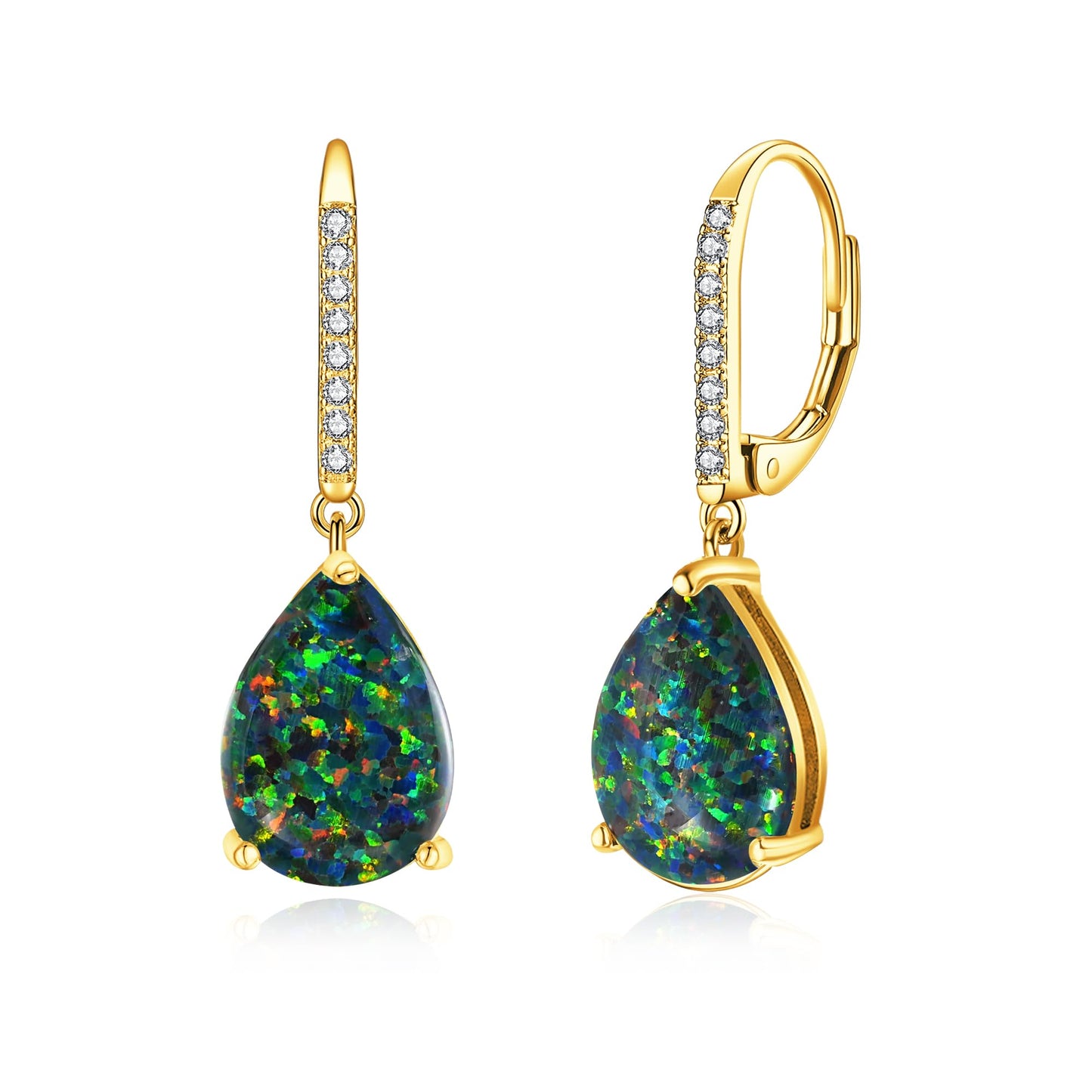Leverback Black/Green Opal Dangle Earrings 14k Yellow Gold Plated Drop Earrings for Women Teardrop Earrings Elegant Jewelry Gifts for Mothers Day Birthday Party