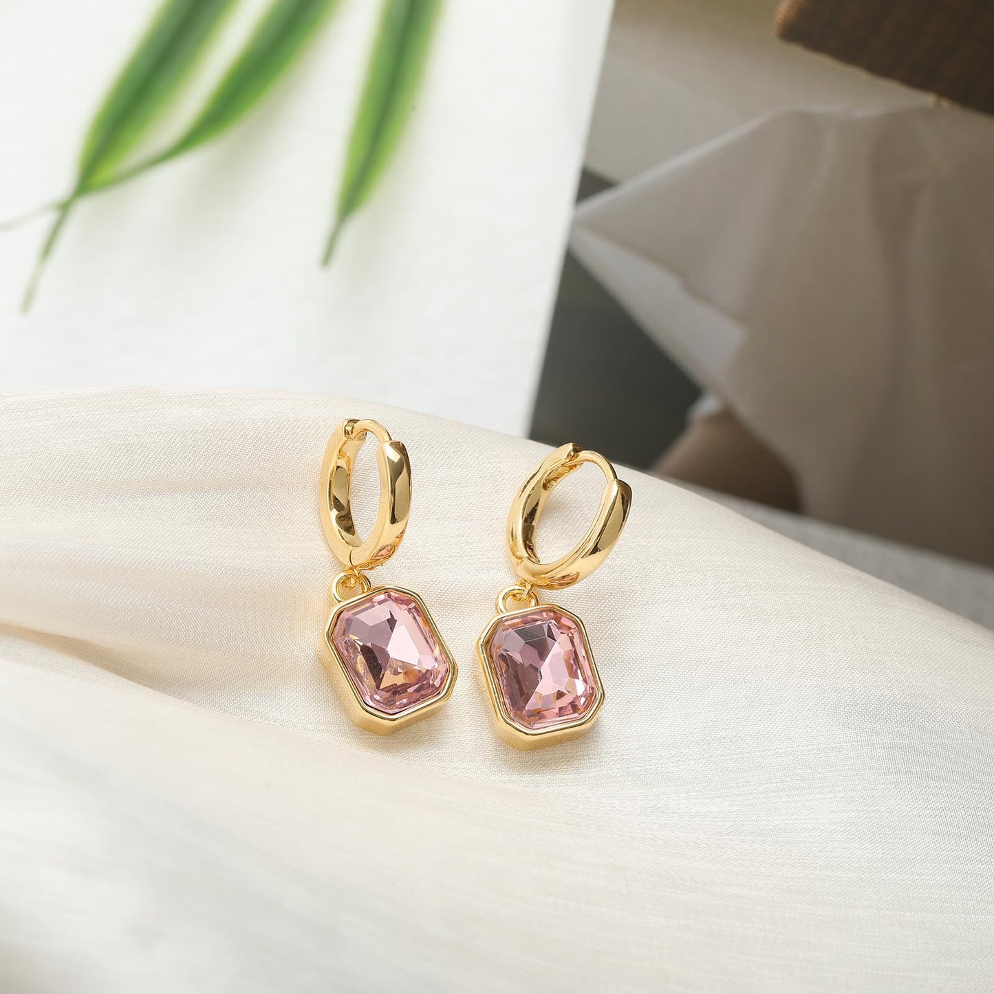 Birthstone Crystal Dangle Drop Earrings, 18K Gold Plated Huggie Hoop Hypoallergenic Earring Jewelry Gifts for Women (Pink)
