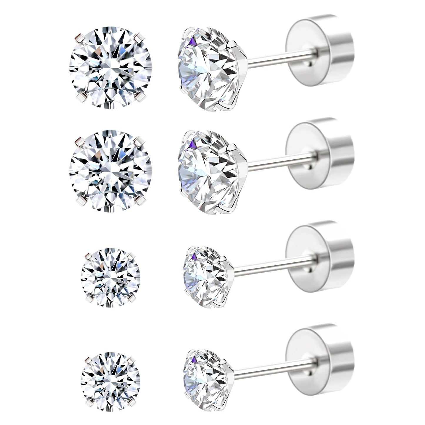 Mothers Day Gifts 2 Pairs Flat Back Earrings for Women, Nap Earrings as Hypoallergenic Flat Back Stud Earrings for Cartilage, 20g Cartilage Earrings as Birthday Gifts (3+5mm Silver)
