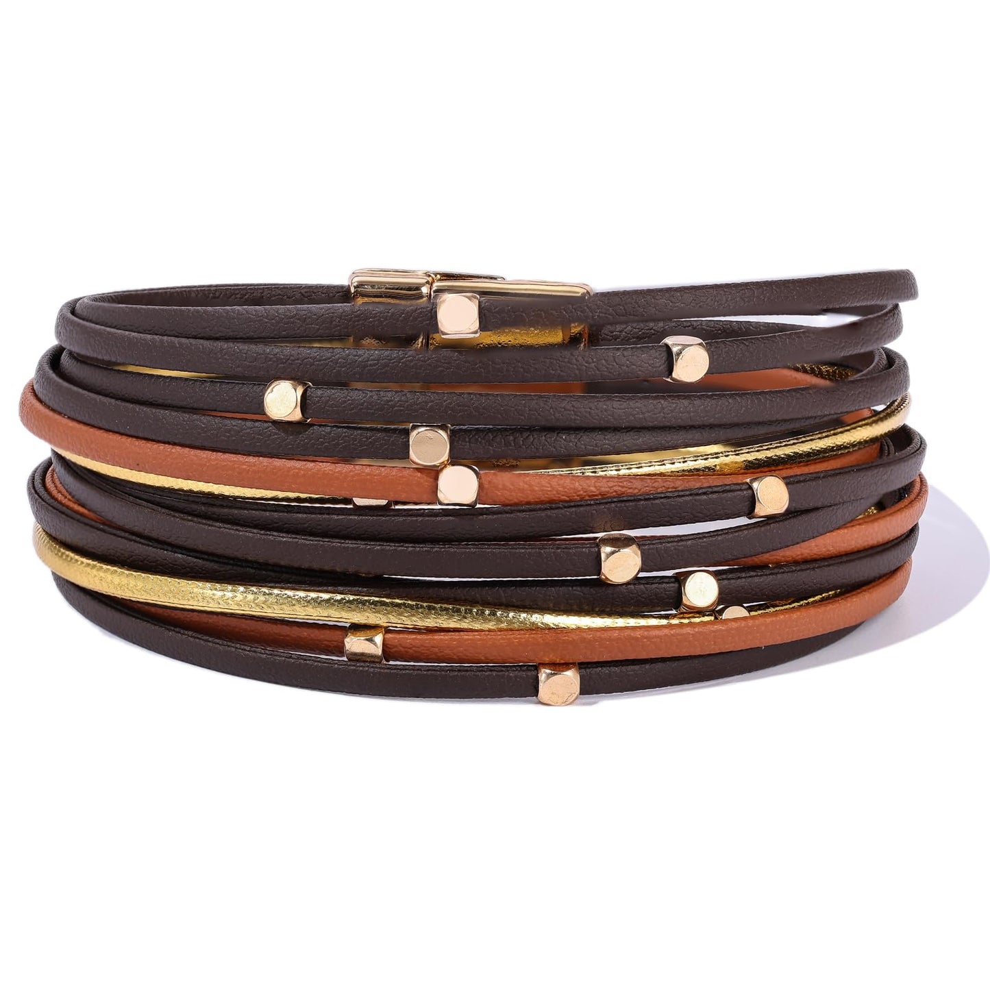 Becklynn Boho Leather Wrap Bracelets Beaded Crystal Stackable Cuff Bracelet with Magnetic Clasp Cowboy Cowgirl County Concert Outfits Western Jewelry Gifts for Women(Beaded Brown)