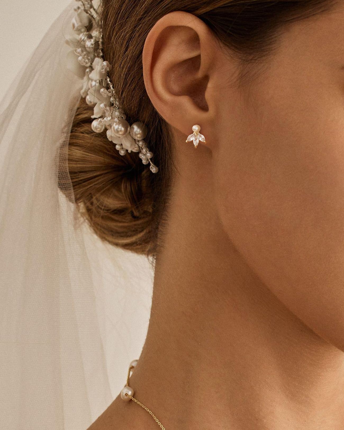 BSGRL Pearl Earrings - 14k Gold Plated 3pcs Marquise Cut Cubic Zirconia Pearl Stud Earrings for Women Wedding Party Bridal