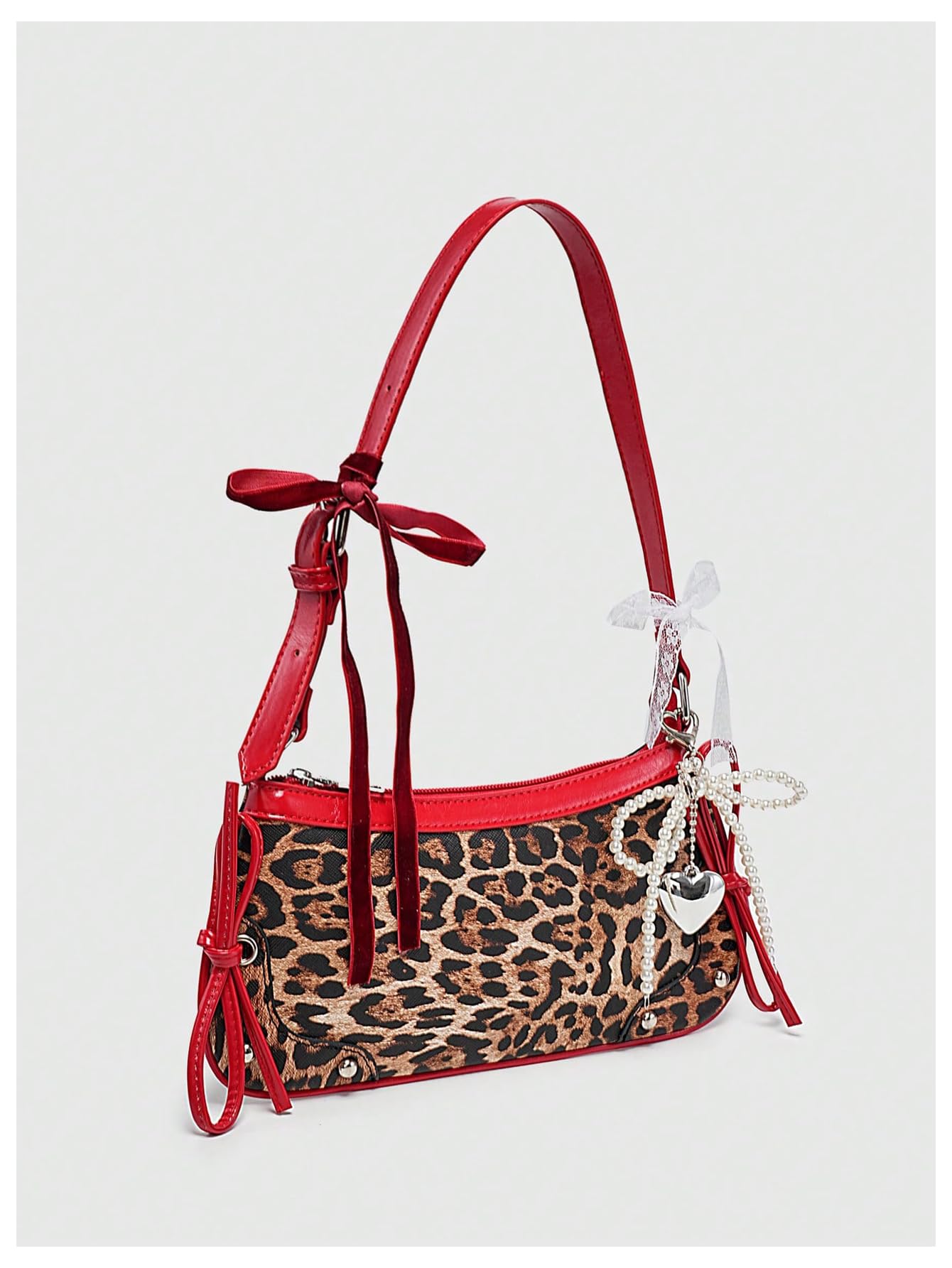 Verdusa Women's Y2K Purse Coquette Bow Tie Vintage Shoulder Bags Lace PU Leather Kawaii Handbag Leopard Print Red One Size