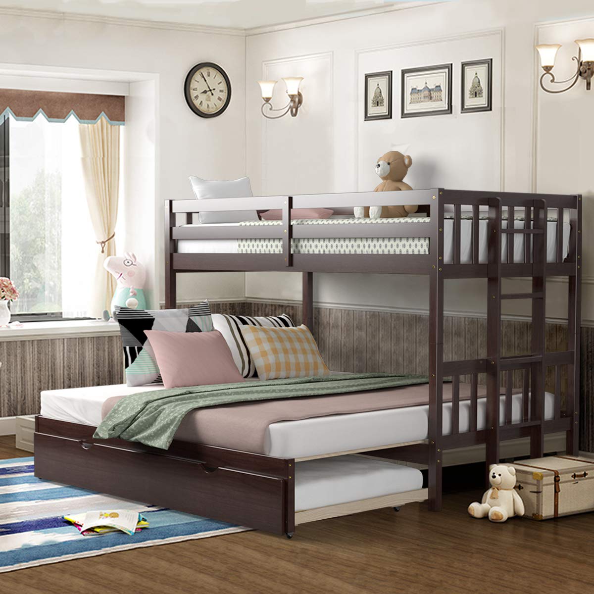 Giantex Twin Over Pull-Out Bunk Bed with Trundle, Extendable Twin/Full/Queen/King Bunk Bed, Solid Wood Bunk Bed with Ladder and Safety Rail, Wooden Bunk Beds for Kids Adults Teens, Espresso
