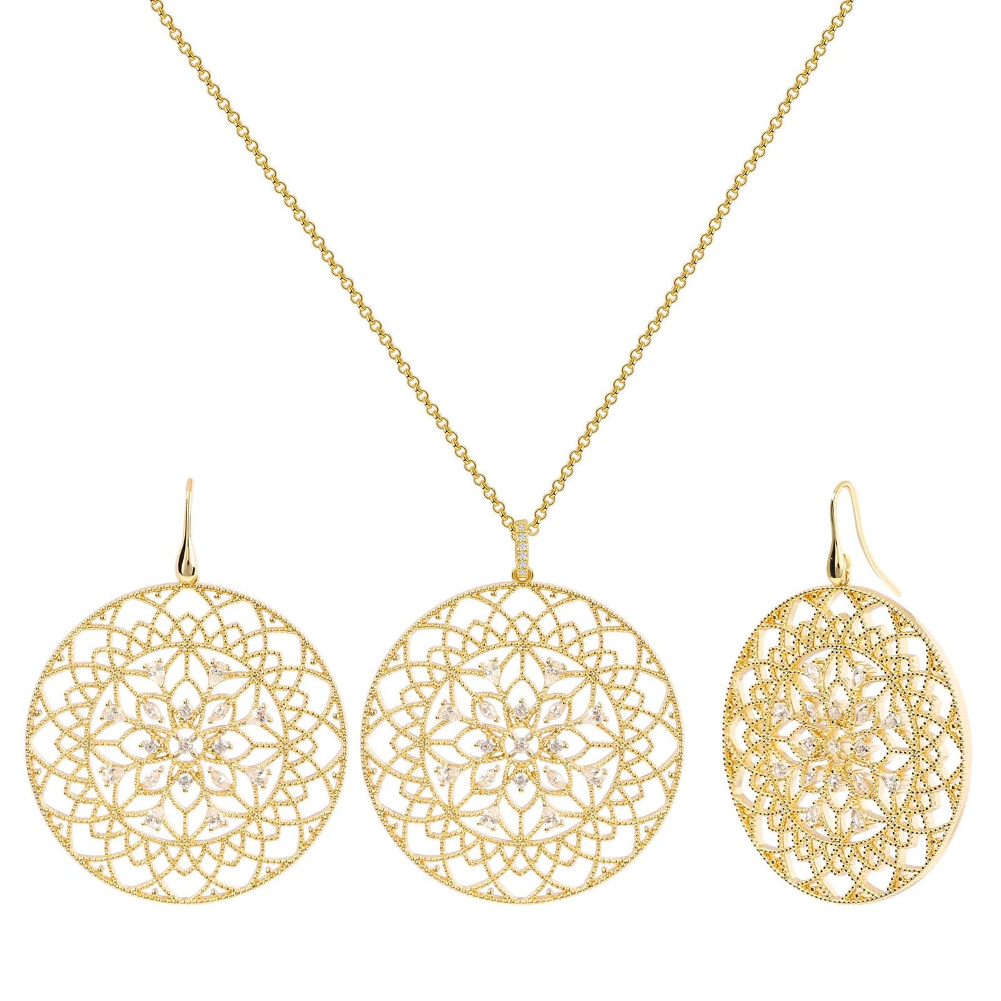 TaYolnFaSo Long Chain Sweater Large Necklace Earrings Set Round Hollow Flower Jewelry Set Cubic Zirconia Flower Jewelry Gift for Women