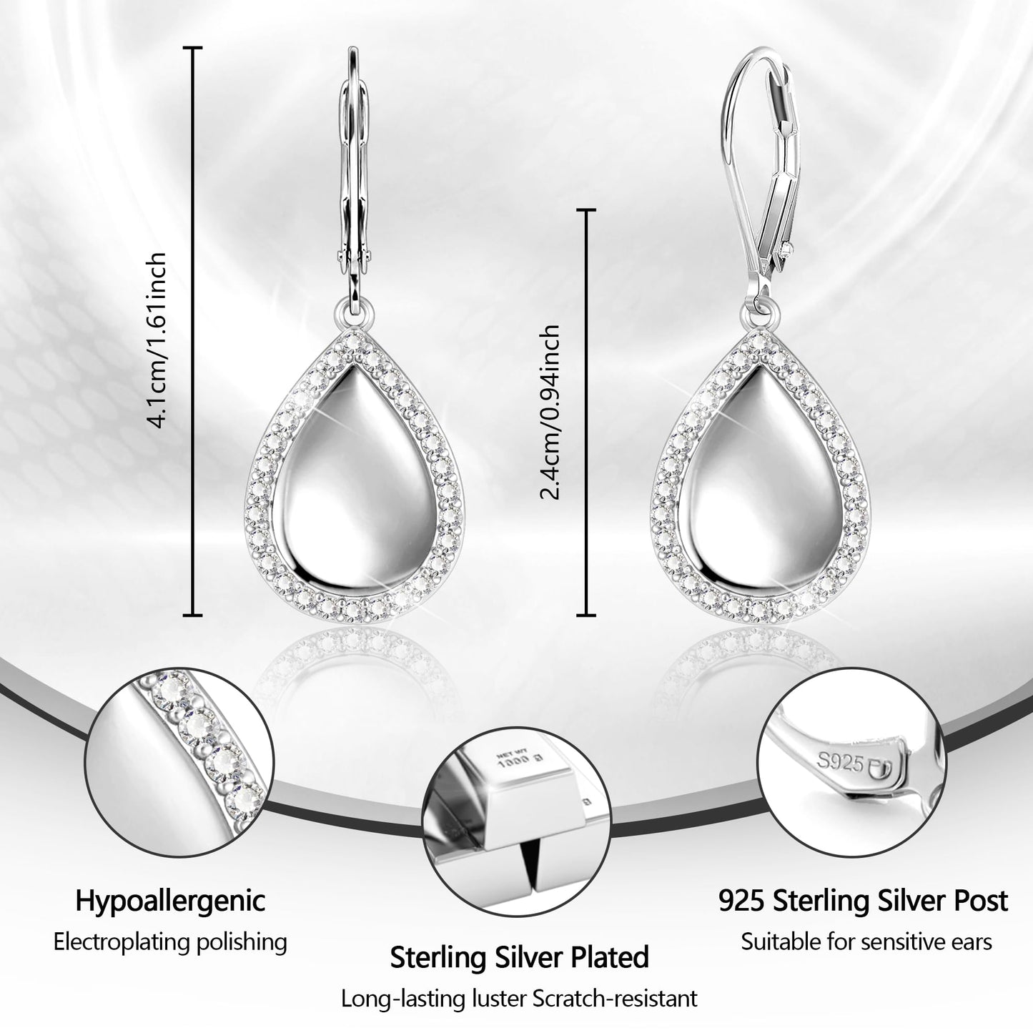 Waterdrop Sterling Silver Dangle Earrings, LANCHARMED 925 Sterling Silver Drop Earring with Cubic Zirconia Large Teardrop French Hook Leverback Dangle Earrings for Women Trendy Statement Jewelry