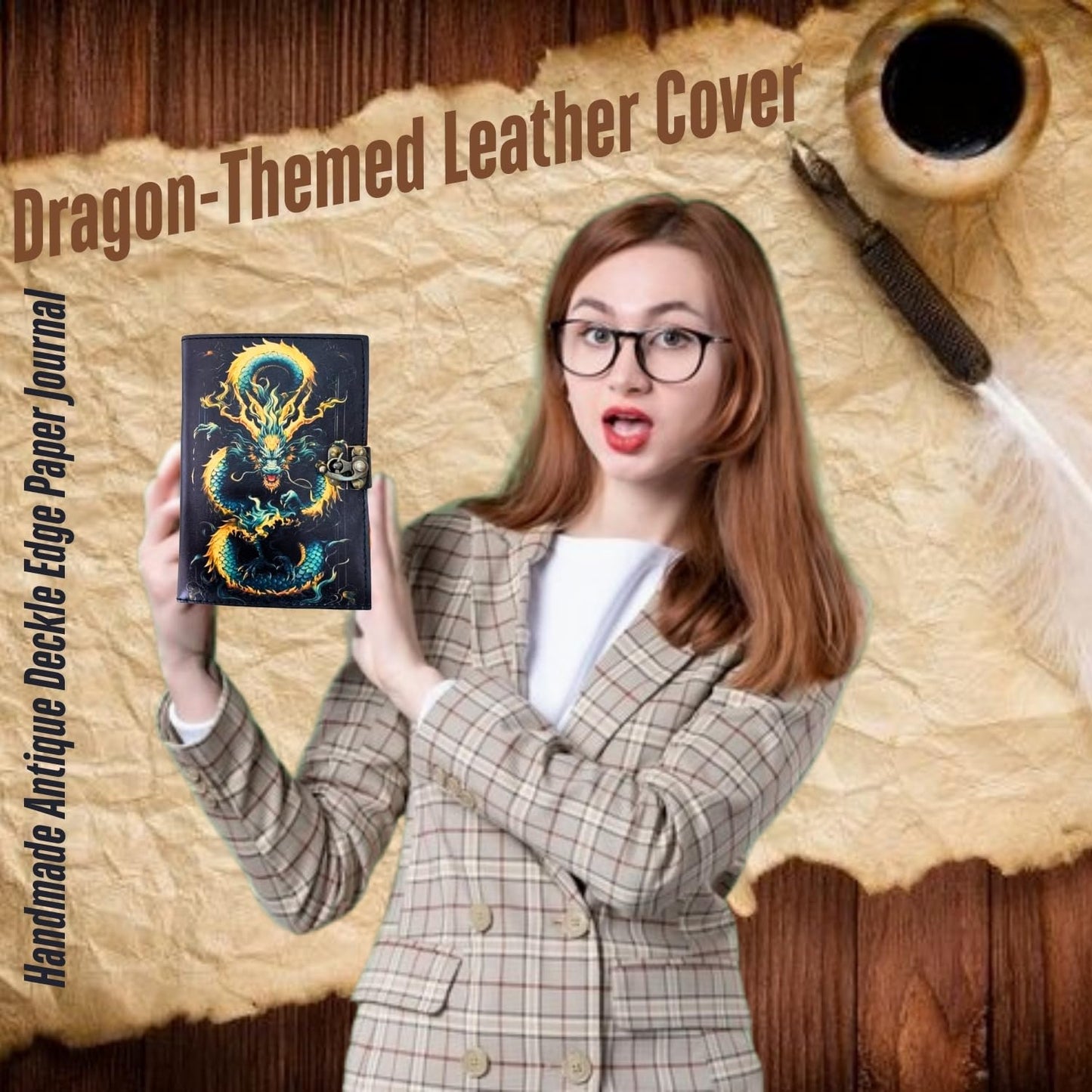 The Arcane Dragon – Handmade Antique Deckle Edge Paper Leather Journal with Embossed Dragon Cover & Lock Closure – Vintage Writing Diary, Fantasy Spell Book, Sketchbook, Gift for Writers & Artists