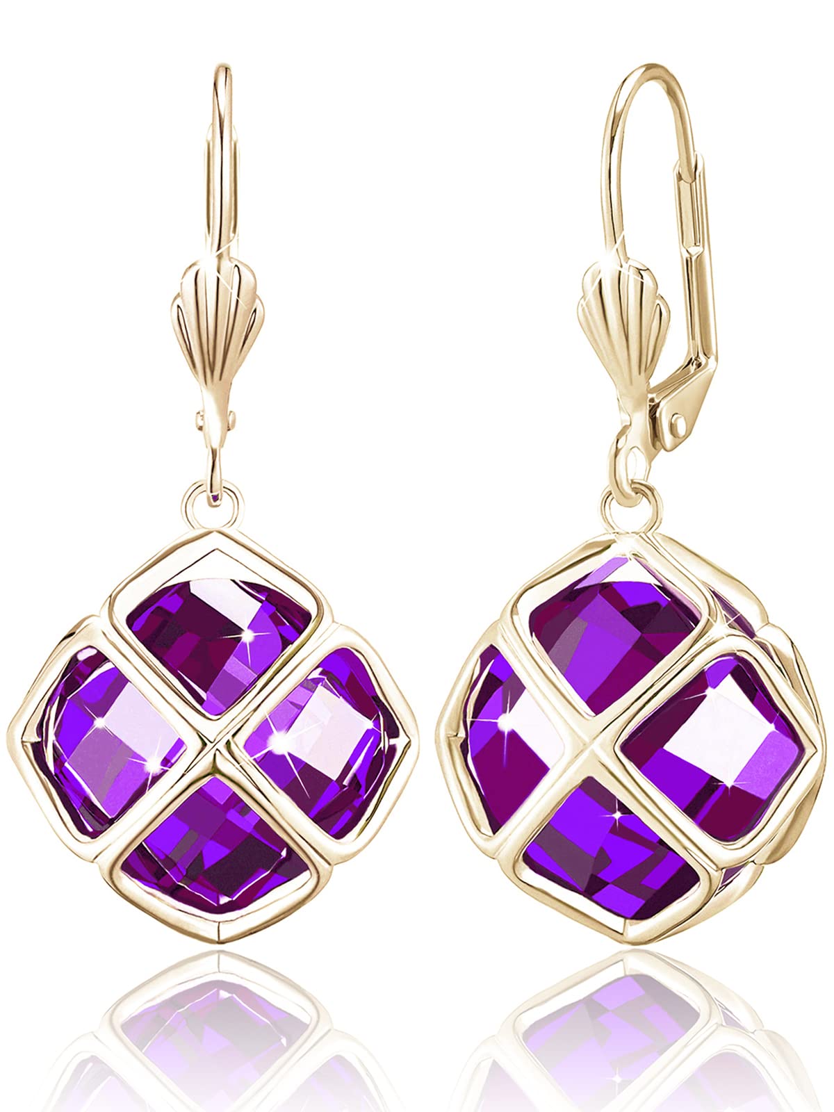 Big Dark Purple Crystal Dangle Earrings for Women (Feb-Amethyst-14K Gold)