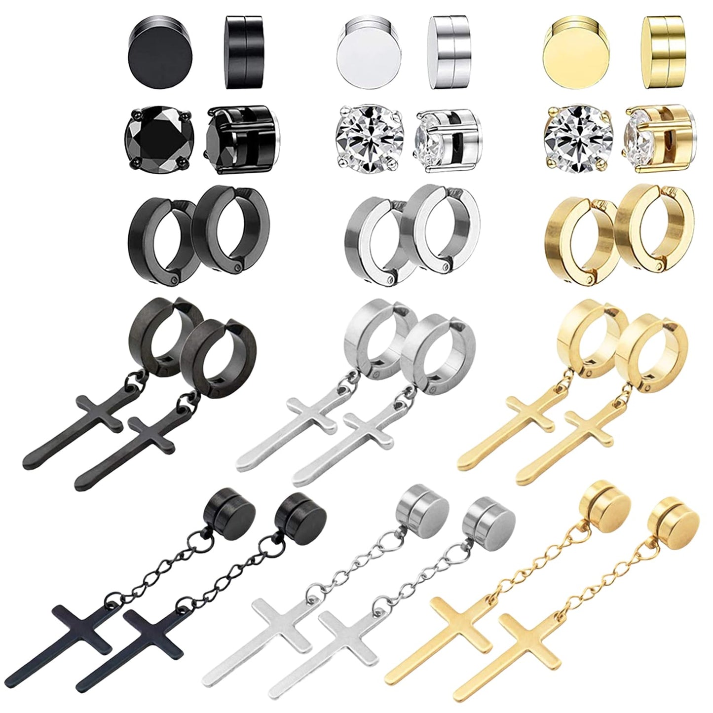 NEWITIN 15 Pairs Magnetic Stud Earrings for Men Clip on Earrings Stainless Steel Magnet Earring Unisex Dangle Cross CZ Hoop Magnetic Stud Earring Set for Men Women