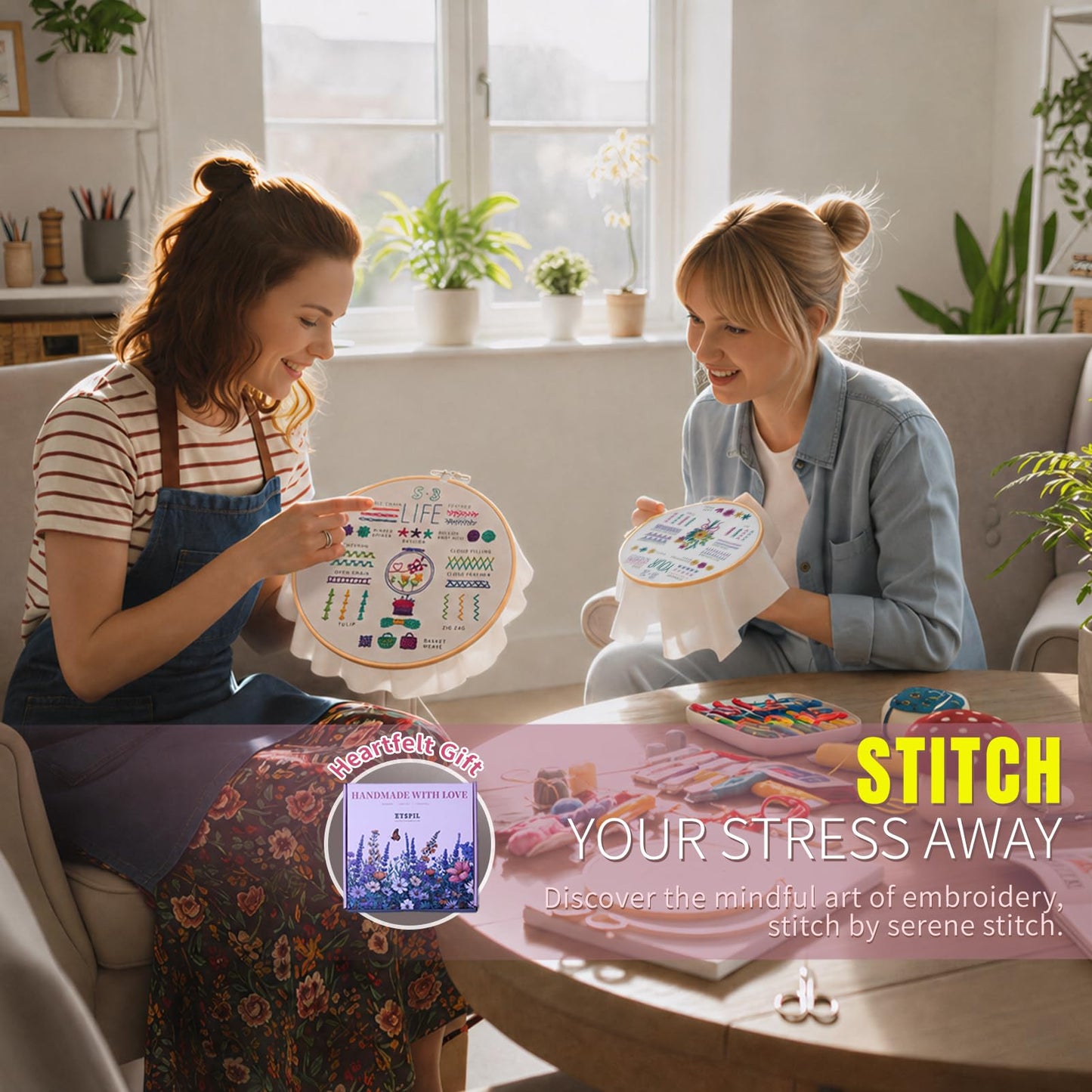 ETSPIL Embroidery Starter Kit for Adults, 3 Simple Patterns to Master 33 Stitches, Easy Step-by-Step 4K HD Video Tutorials & Bound Guide, DIY Craft Gift for Teens