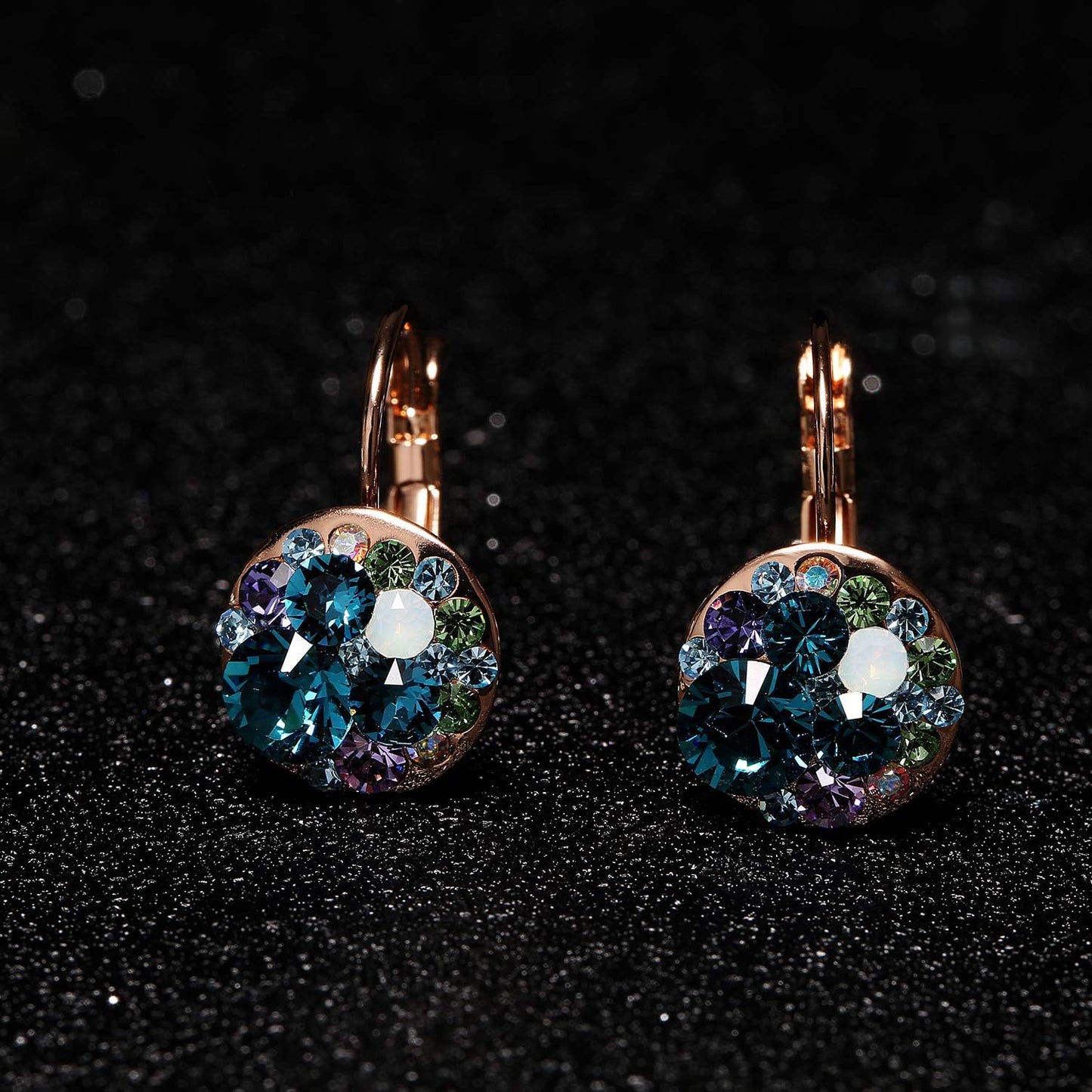 Multicolored Austrian Crystal Earrings for Women 14K Gold Plated Leverback Dangle Hoop Earrings (Blue Green Crystals/Rose Gold-tone)
