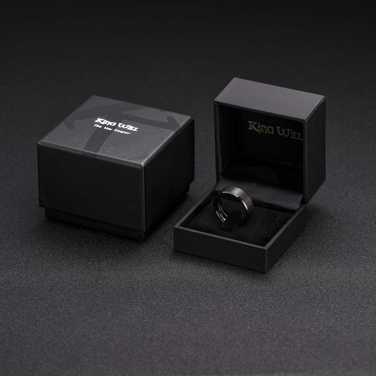 King Will 9mm Men's Black Wedding Ring - Brushed Matte Surface, Beveled Polished Edge, Comfort Fit Size 8
