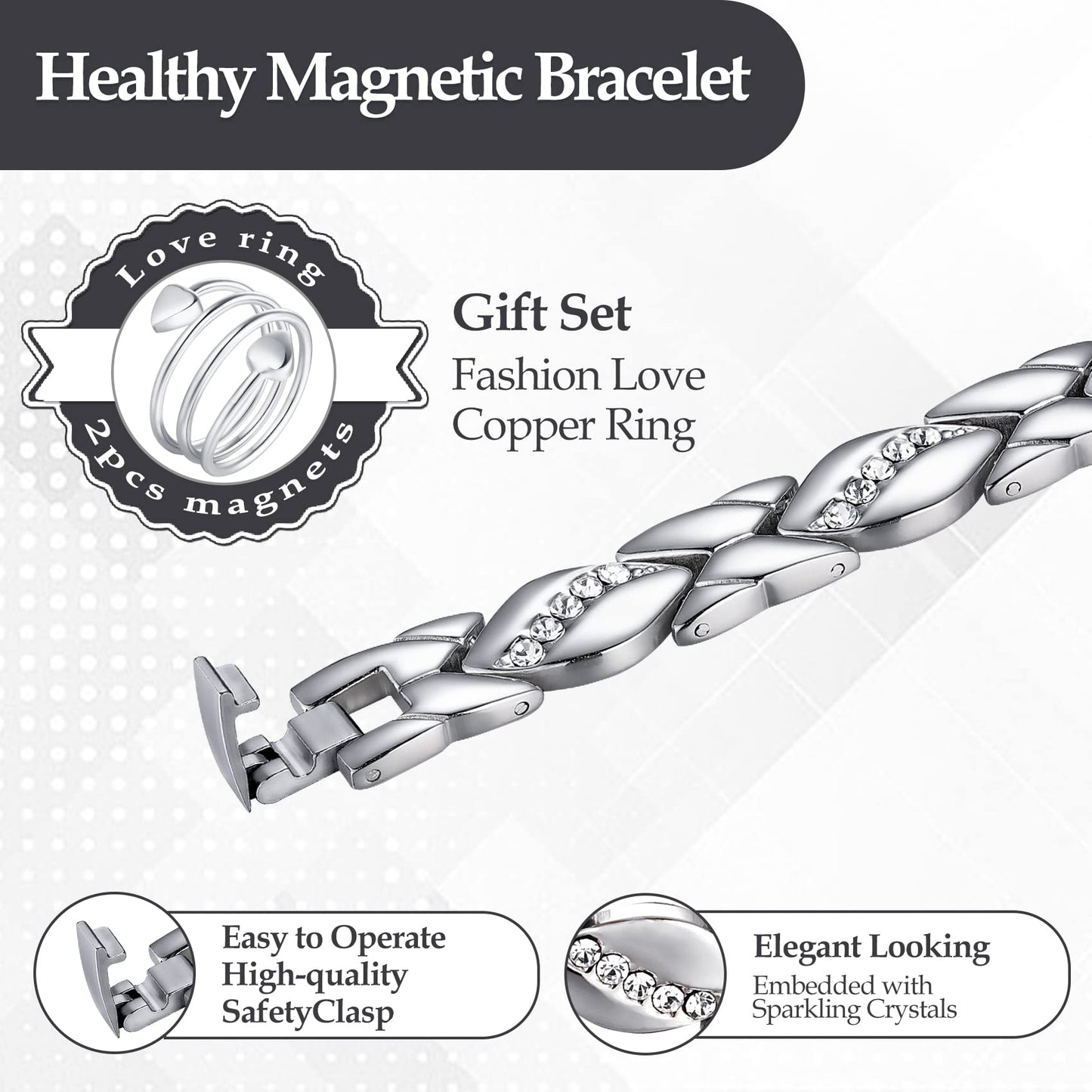 Jecanori Pure Copper Bracelets for Women,Ultra Magnetic Bracelets for Women with 3500 Gauss Magnets,Crystal Valentine's Day Jewelry Gift, Sizing Tool