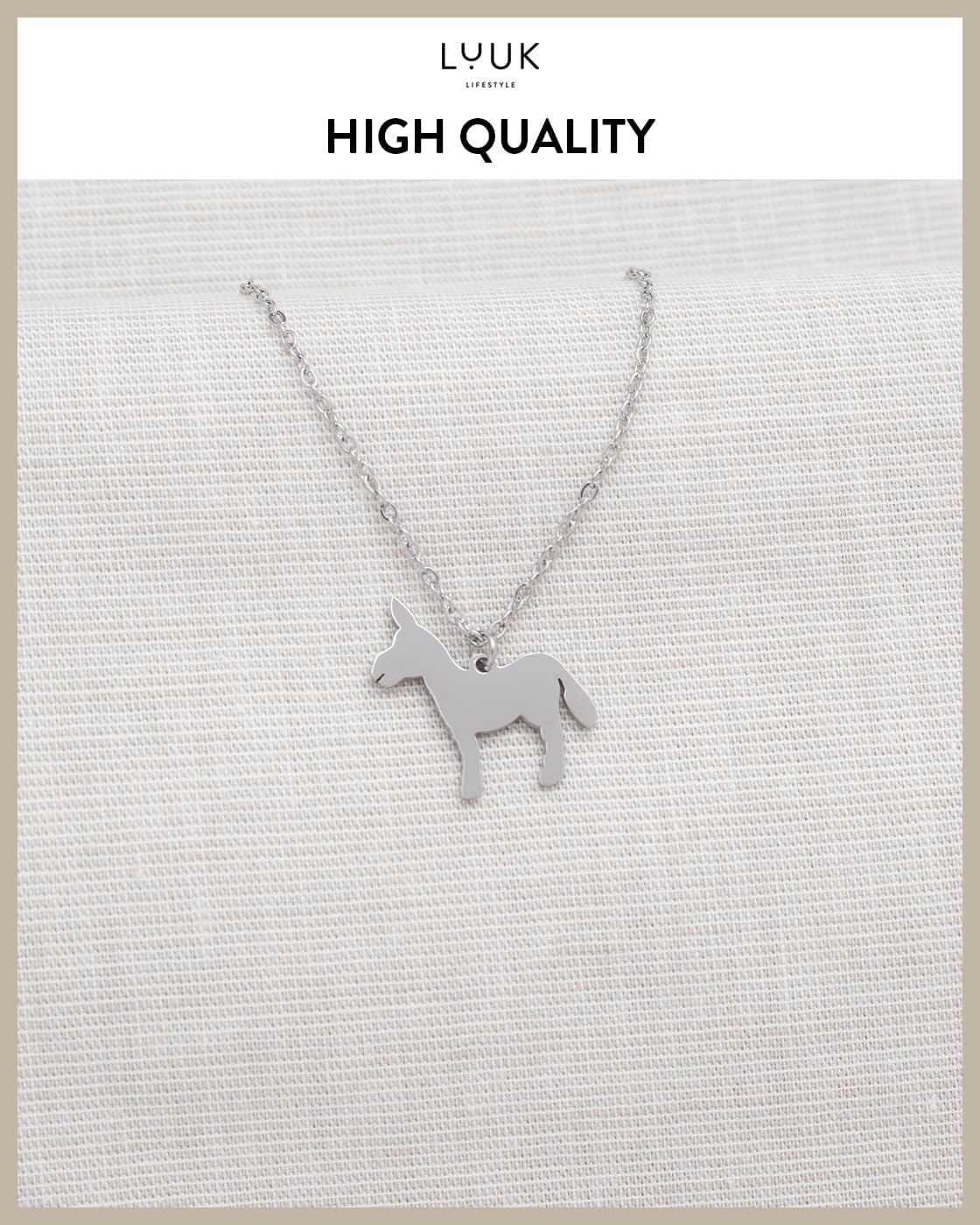LUUK LIFESTYLE Donkey pendant, cute animal necklace, stainless steel, 14K Silver plated, HAPPINESS Gift Card, 19in adjustable sturdy chain, dainty, modern, trendy, gifting season winter aesthetic