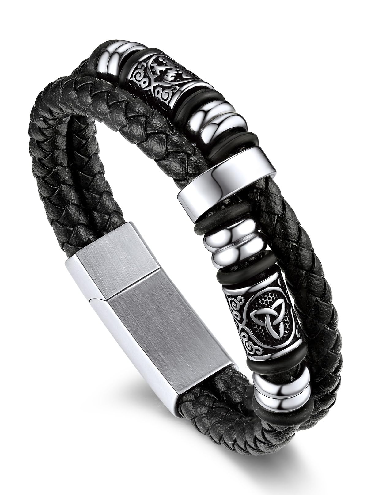 Bandmax Mens Black Cuff Bracelets 9.8 Inch Large Size Double Row Leather Wristband for Big Wrist Viking Celtic Knot Bead Bracelet Gift for Son Husband Father Grandfather