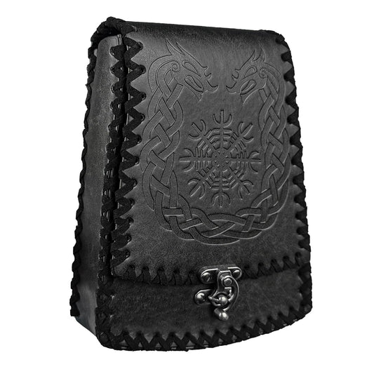 HiiFeuer Nordic Embossed Faux Leather Belt Bag, Medieval Retro Waist Bag, Vintage Portable Buckle Belt Pouch for Ren Faire (Black A)