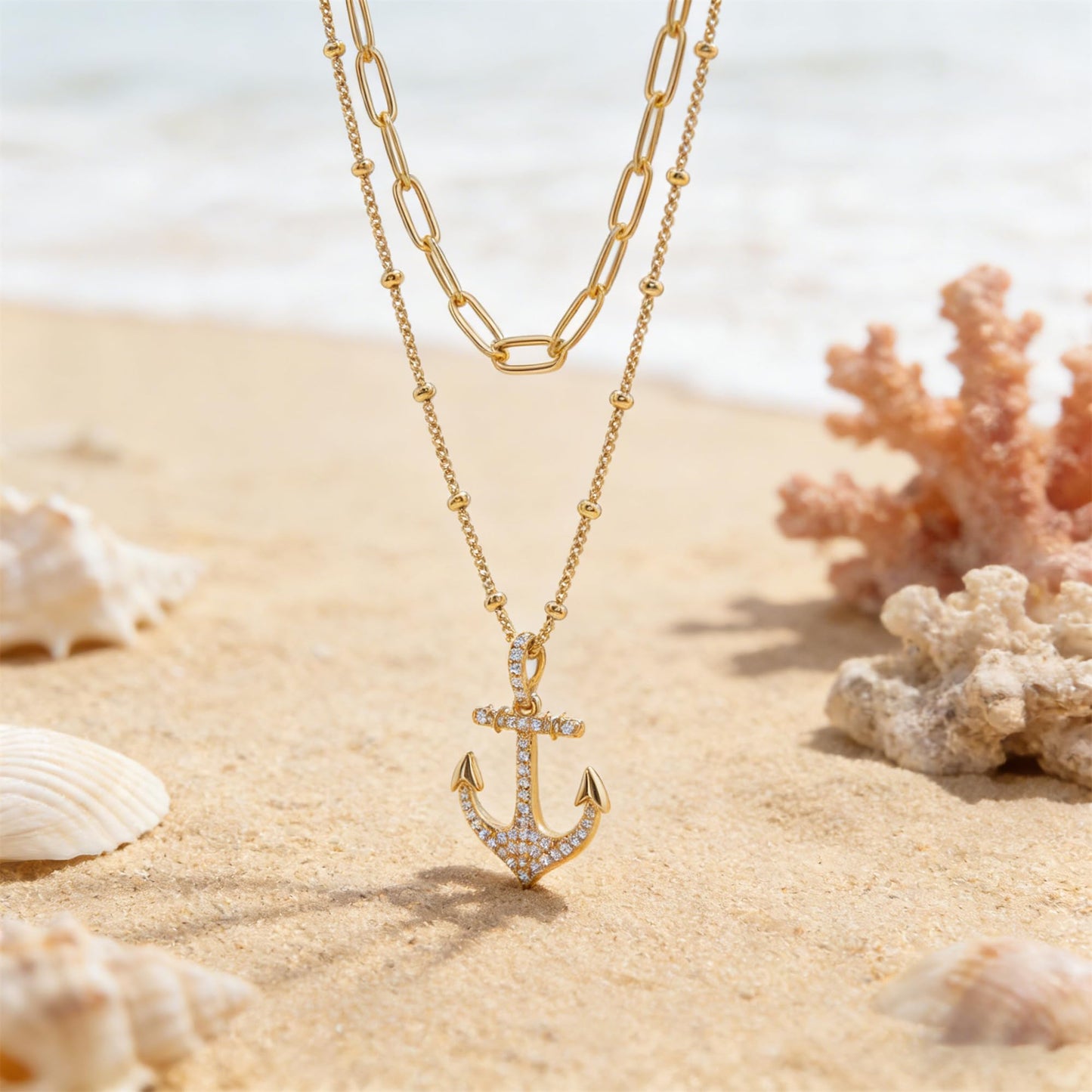 MEVECCO Gold Layered Choker Necklace for Women, 18K Gold Plated Dainty CZ Anchor Pendant Minimalist Paperclip Double Layer Necklace for Jewelry