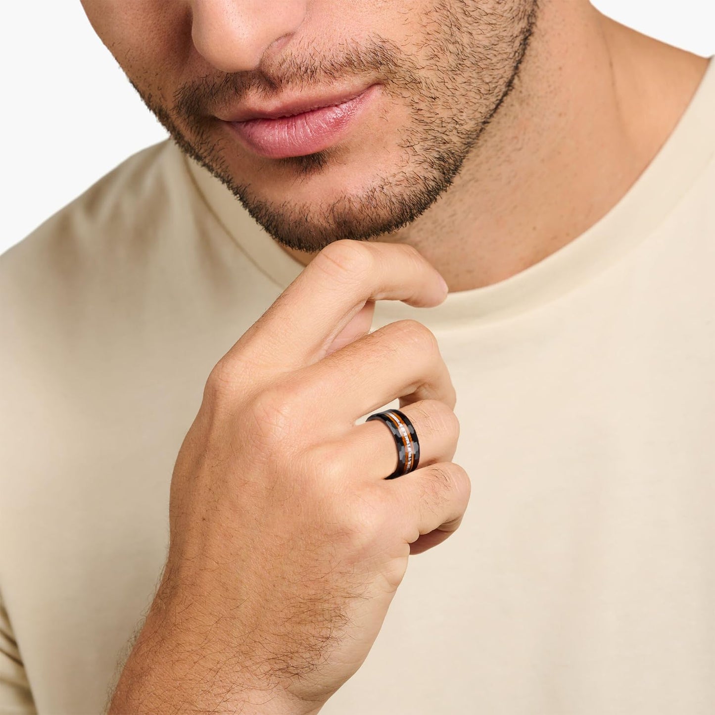 JEWPER 8mm Men Womens Wedding Band Tungsten Rings Black Hammer pattern Fashion Promise Carbide Inlaid Antlers Fire whiskey barrel wood Matte Finish Edge Comfort Fit Size(7)