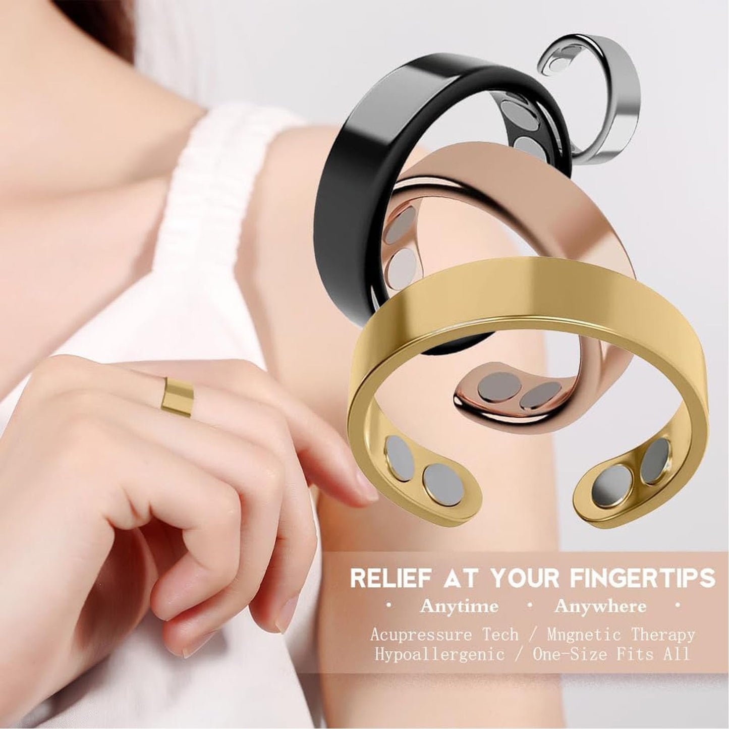 Stainless Steel Auvulis Migraine Rings Magtherapy Lymphatic Drainage Rings Lymph Nodes Acupuncture Therapy Anti Snoring Ring Migraine Relief Health Jewelry for Men and Women（Black）