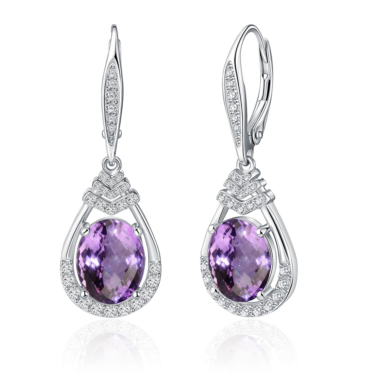 Purple Amethyst Earrings for Women S925 Sterling Silver June Birthstone Dangle Earrings Sparkling Teardrop Leverback Drop Earring Amethyst Evening Party Jewelry Birthday Gifts for Mom