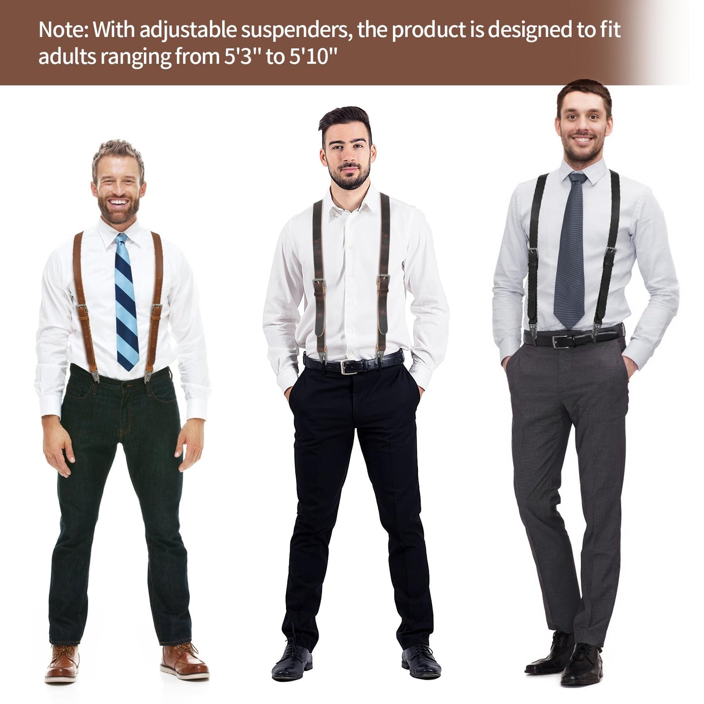 Jack&Chris Genuine Leather X-Shaped Suspenders for Men, Adjustable Heavy Duty Solid 1 Inch Wide Suspenders with Sturdy Clips, Men Accessories For Jeans, Brown