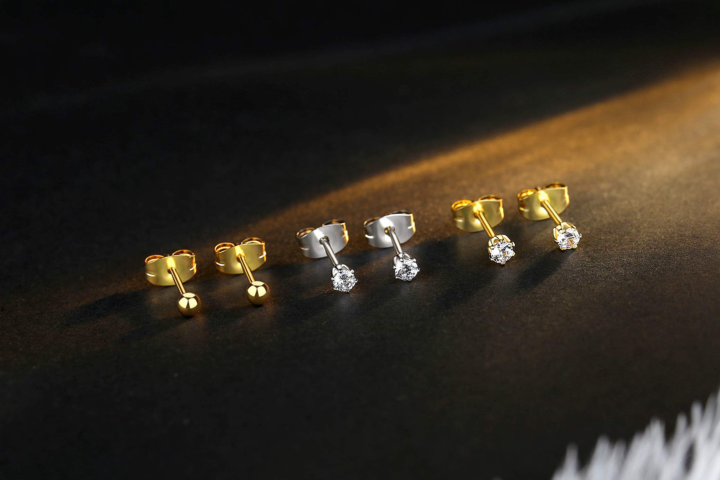 FOSIR 6 Pairs 3mm Tiny Women's 14K Gold Plated Stainless Steel Cubic Zirconia Stud Earrings, Hypoallergenic 316L Earrings Pack