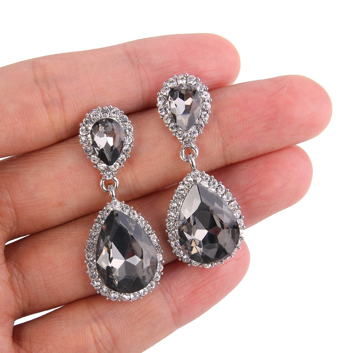 EVER FAITH Women's Austrian Crystal Wedding Tear Drop Dangle Earrings Dark Grey