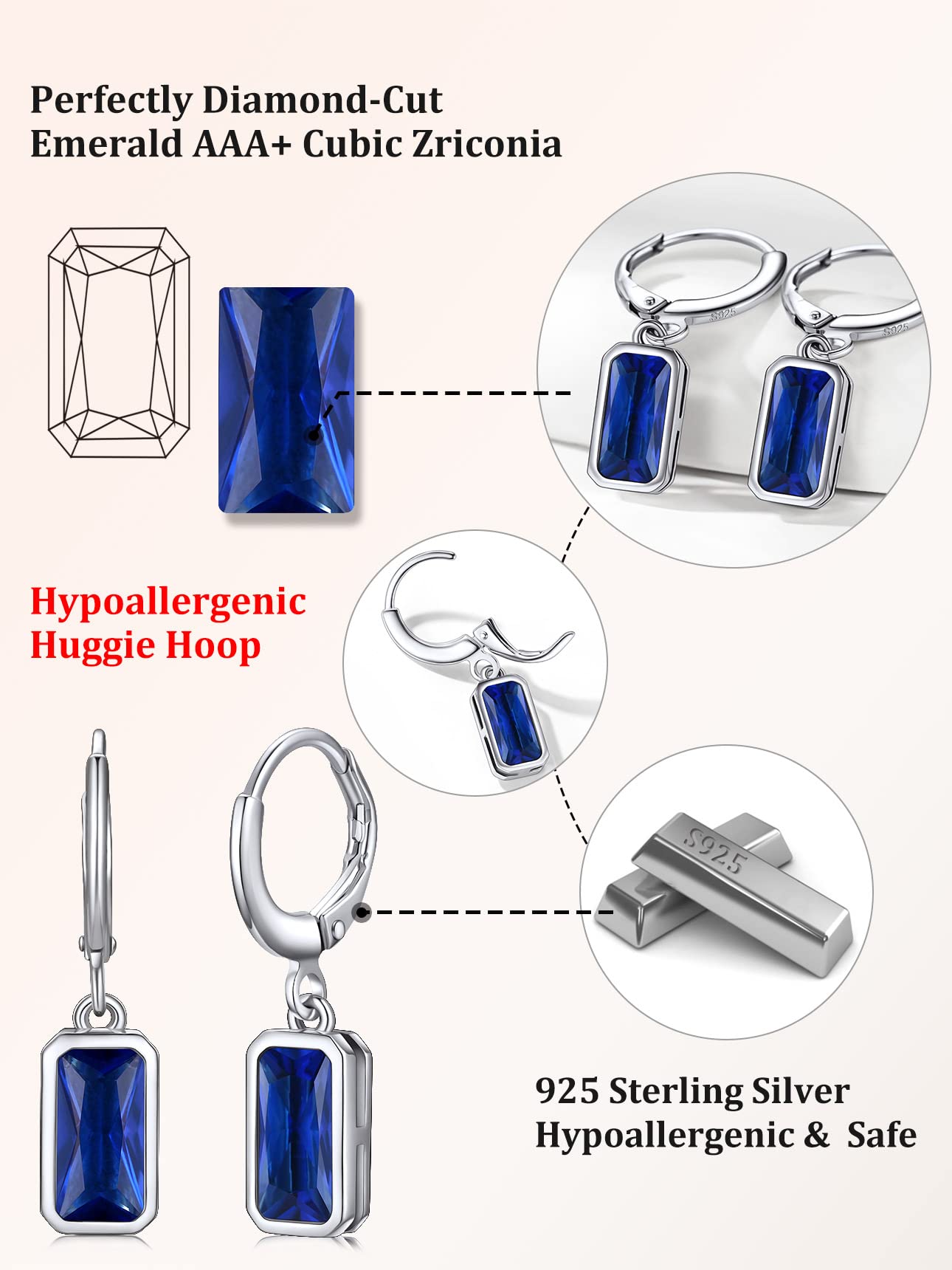 Bestyle 925 Sterling Silver September Birthstone Hoop Dangle Earrings - Clear Created Rectangle Sapphire Crystal Drop Blue Earrings - Trendy Cute Women's Small Hoop CZ Dangle Earrings
