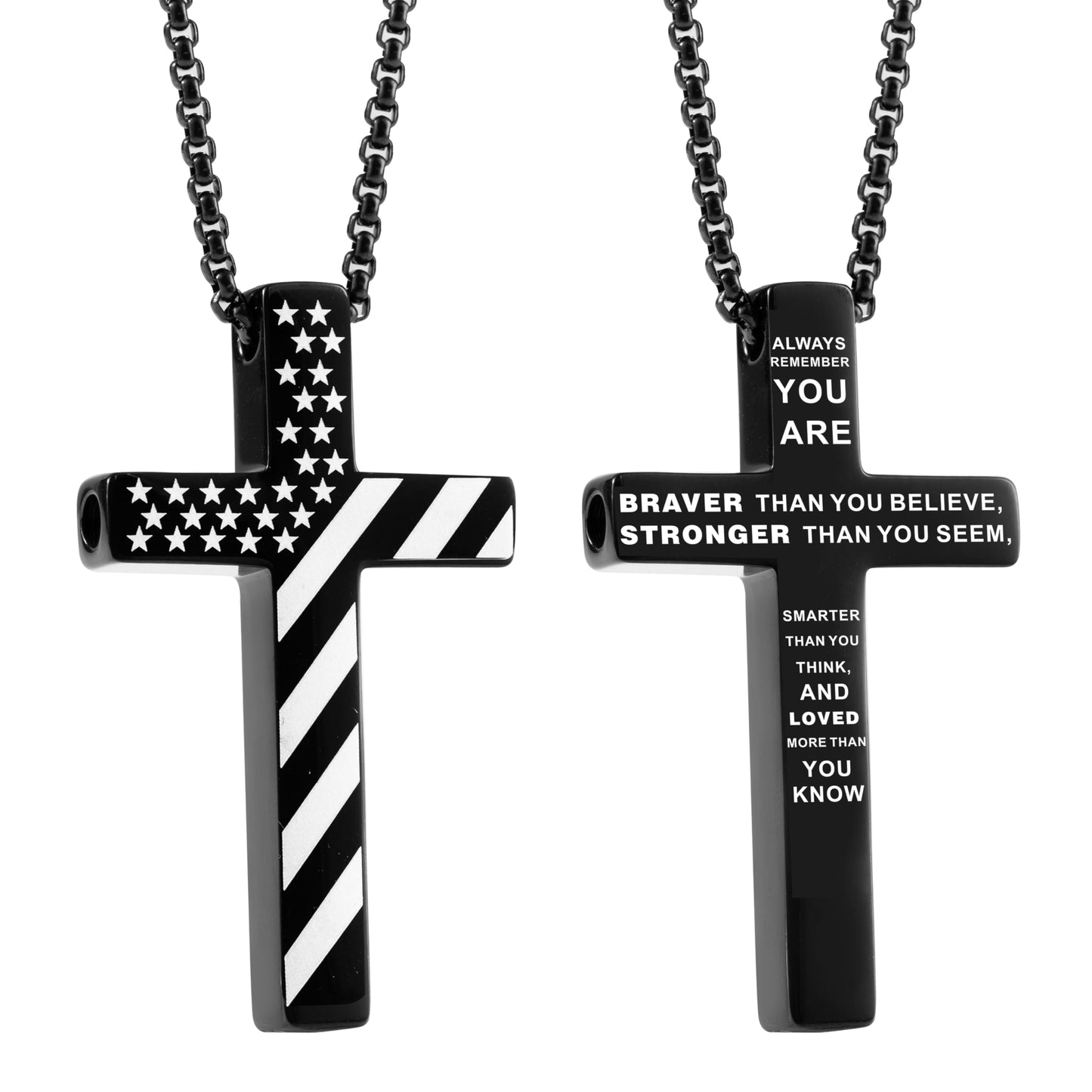 FUNPAR American Flag Cross Breathing Necklace, Stainless Steel Patriotic Jewelry, Inspirational Bible Verse Cross Necklace, Anxiety Relief Items for Men Christian Gift(Black 0000)