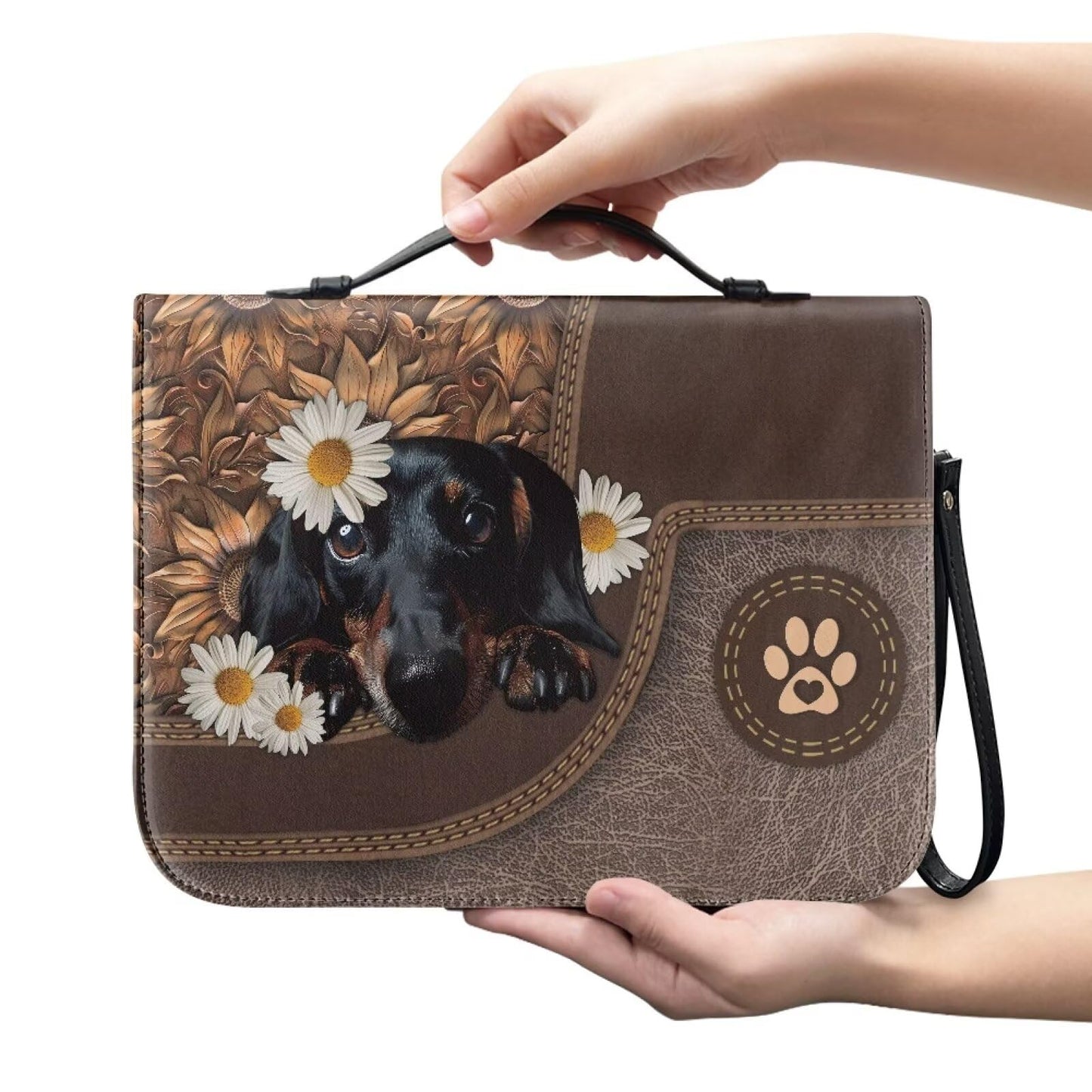 Lotusorchid Cute Dachshund Print Bible Book Cover Daisy Sunflower Print Bible Covers for Women, Study Bible Book Cover Portable Bible Case for Men, Leather Bible Protective Case for Christian Gift